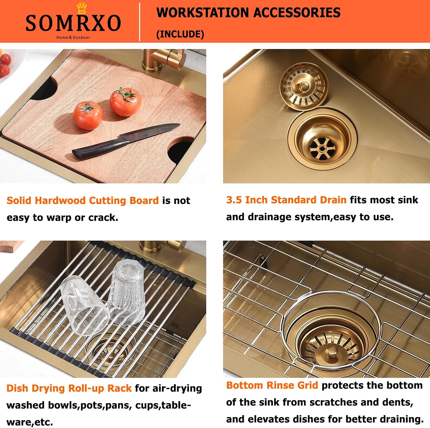 21x20 Inch Drop In Bar Sink - 16 Gauge Gold Stainless Steel Small Kitchen Sink, 10' Deep Single Bowl Workstation Sinks with Accessories for RV, Outdoor Kitchen & Wet Bar