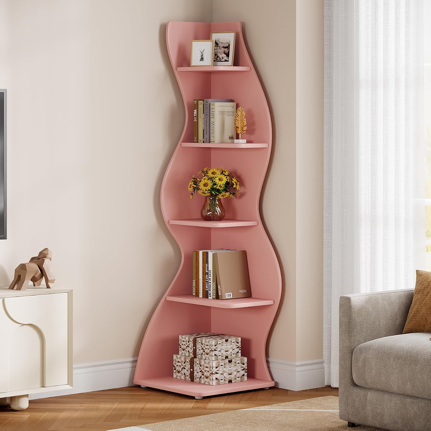 Tribesigns Wavy Corner Shelf Set of 2, Modern 5-Tier Bookshelf Etagere Bookcase with Curvy Shape, Unique Plant Stand Display Shelf for Living Room Small Space (Pink)