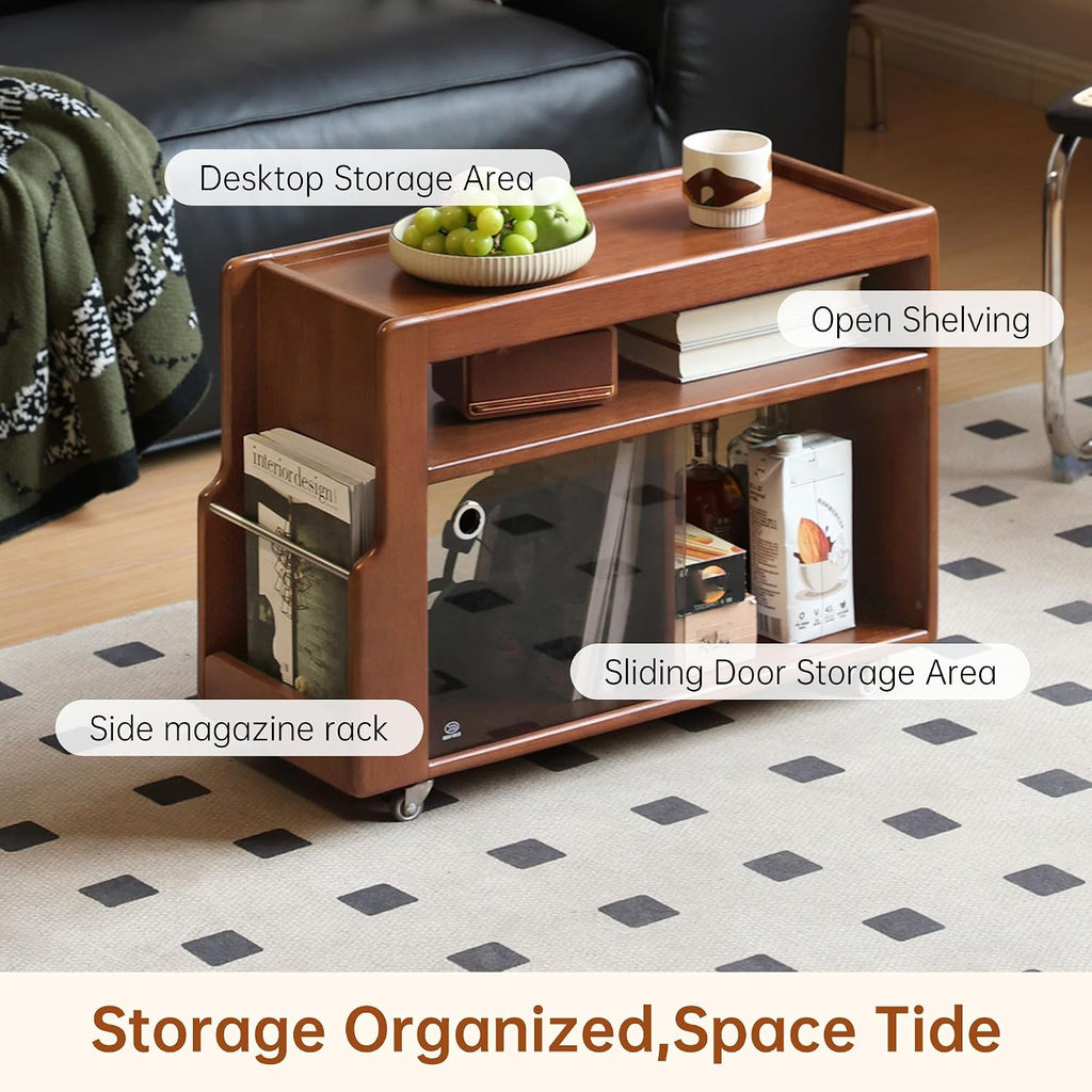 Solid Wood Side Table with Wheels, Narrow Side Table with Storage, Rolling Bedside Table for Bedroom Living Room Dining Room(Teak, 27.95' D x 11.42' W x 19.88' H)