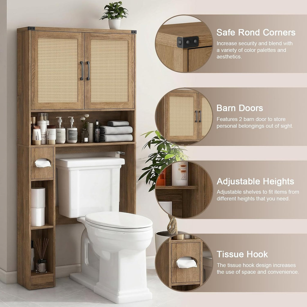Vabches Over The Toilet Storage Cabinet, Farmhouse Storage Cabinet Over Toilet with 2 Rattan Barn Doors & Home Space-Saving Toilet Rack, for Bathroom, Restroom, Laundry. Rattan