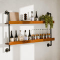 Industrial Wine Rack Wall Mounted, Solid Wood Shelf with Metal Pipe Brackets, 2-Tier Rustic Hanging Organizer for Wine Bottle Storage in Kitchen, Bar, Pub, Cellar(Walnut Brown, 48 Inch)