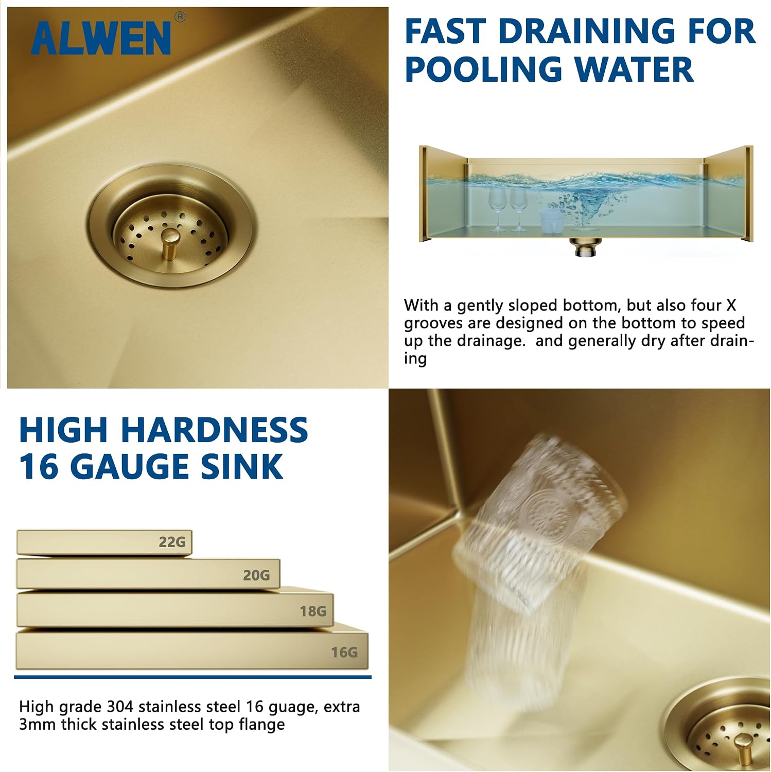 30' Luxury Gold Farmhouse Sink – ALWEN 16 Gauge Workstation Apron Front Sink, 10' Depth Single Bowl with R10 Radius & Accessories