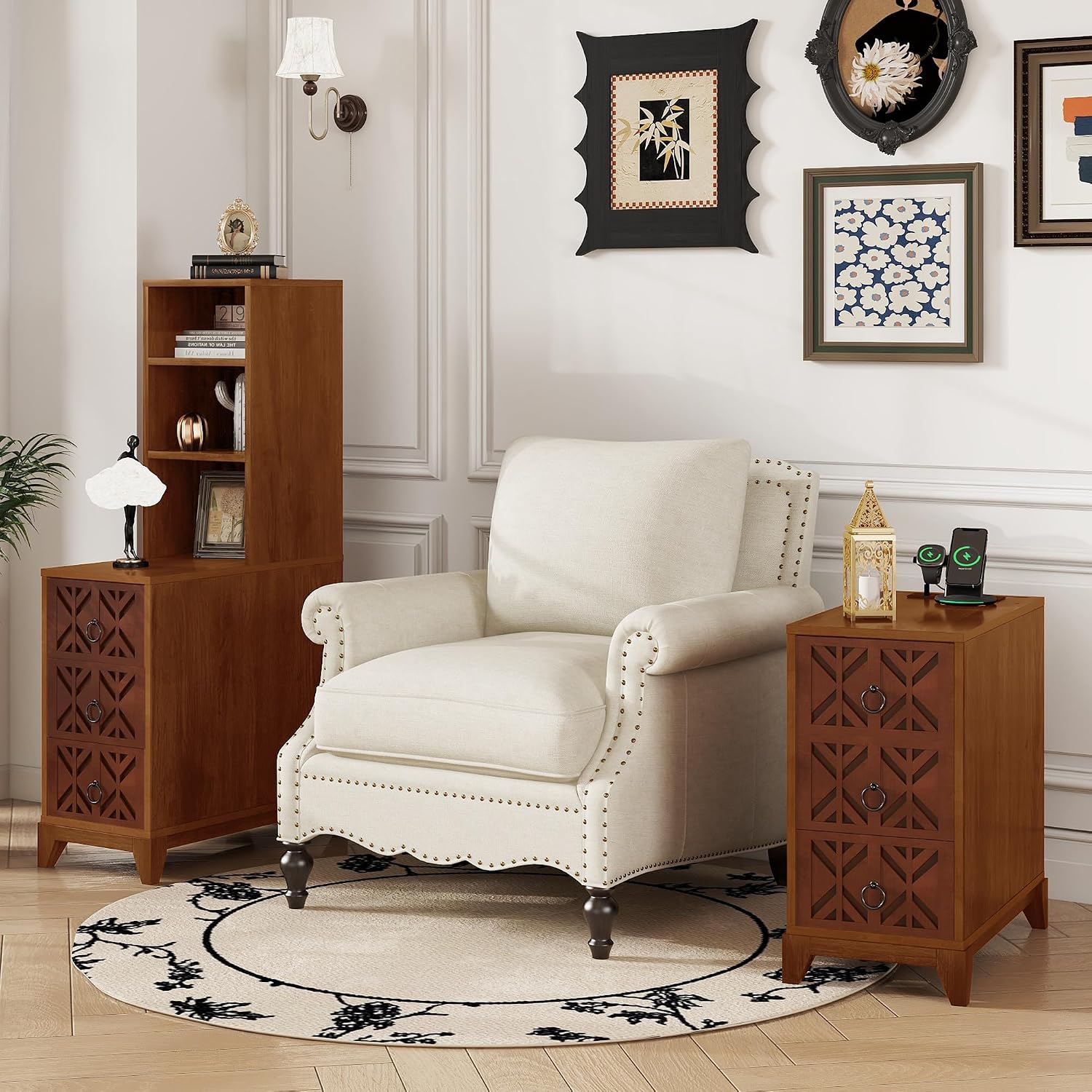 End Table with 3 Drawers & 2 Adjustable Shelves,Corner Table with USB & AC Charge Station,X-Shaped Carved Front,Solid Wood Frame,Tall Narrow Side Tables for Bedroom,Living Room,Small Space,Natural