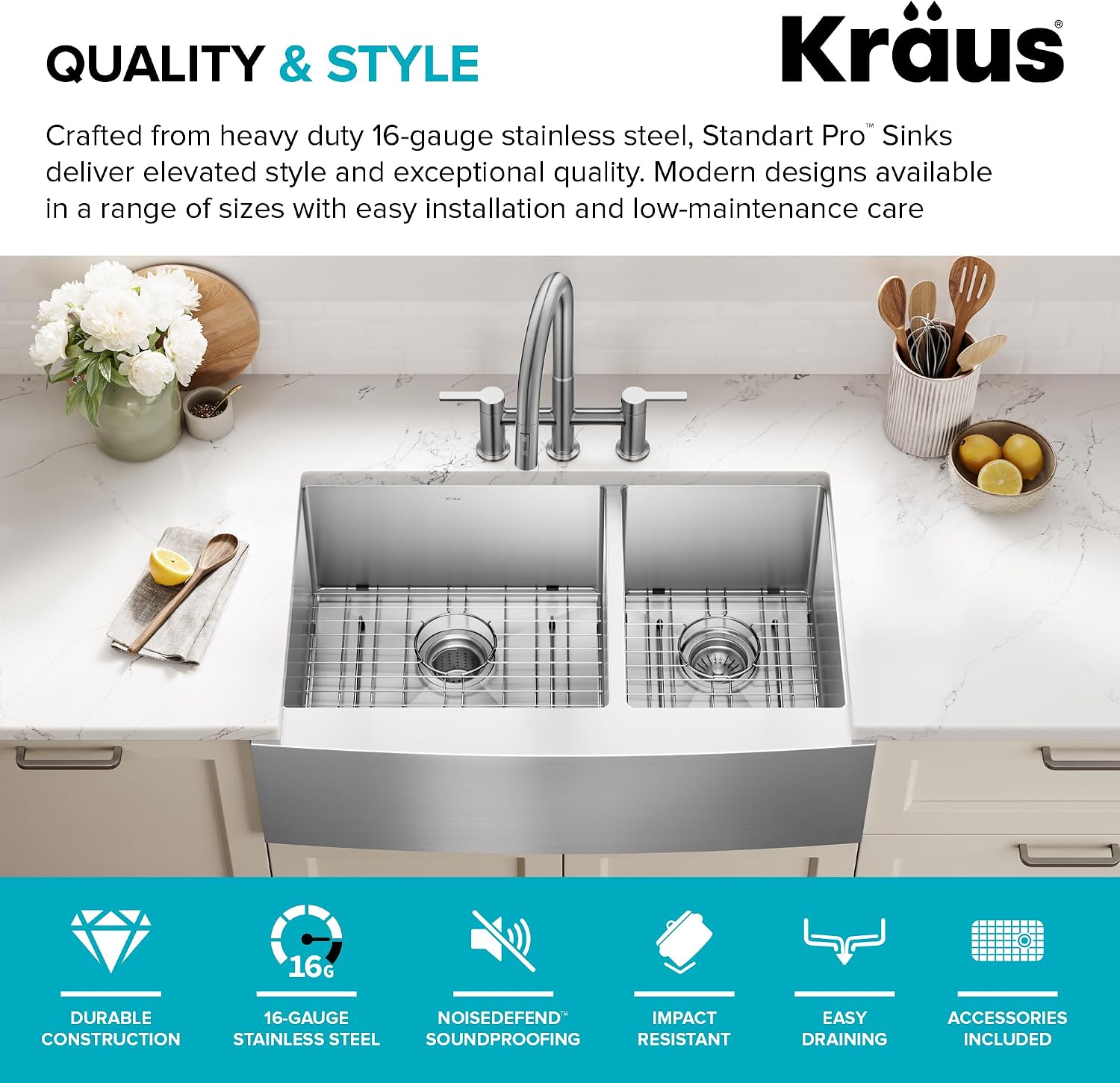 KRAUS Standart Pro 33-Inch Apron Front Farmhouse 16-Gauge 60/40 Double Bowl Stainless Steel Kitchen Sink, KHF203-33