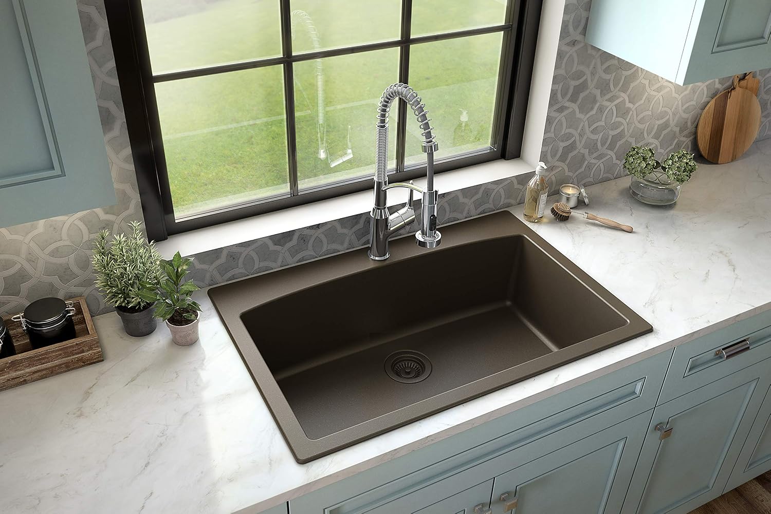 Karran QT-712 33 Inch Drop-In Quartz Composite Single Bowl Kitchen Sink, Top Mount, 1-Hole, Heat & Scratch Resistant, Easy Clean, Brown