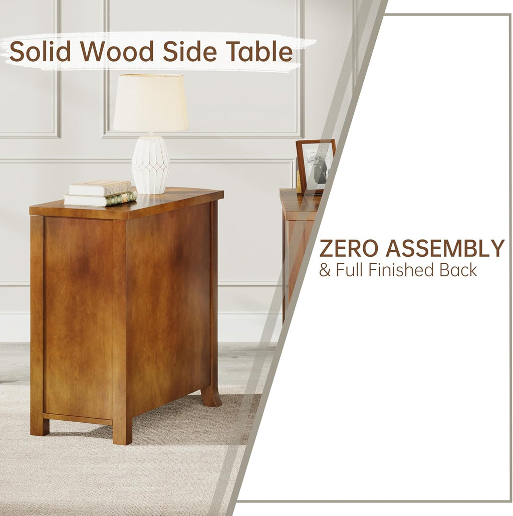 Farmhouse Solid Wood End Table, 3-Drawer Narrow Side Table Slim Chair Table for Living Room, Sofa Table with Drawers, Small Nightstand for Bedroom, No Assembly Required, Brown
