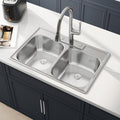33 Inch Drop In Double Bowl Kitchen Sink, 33x22 Topmount 18 Gauge 304 Stainless Steel 50/50 Kitchen Sinks, Three Holes with Basket Strainer, 33' x 22' x 9'