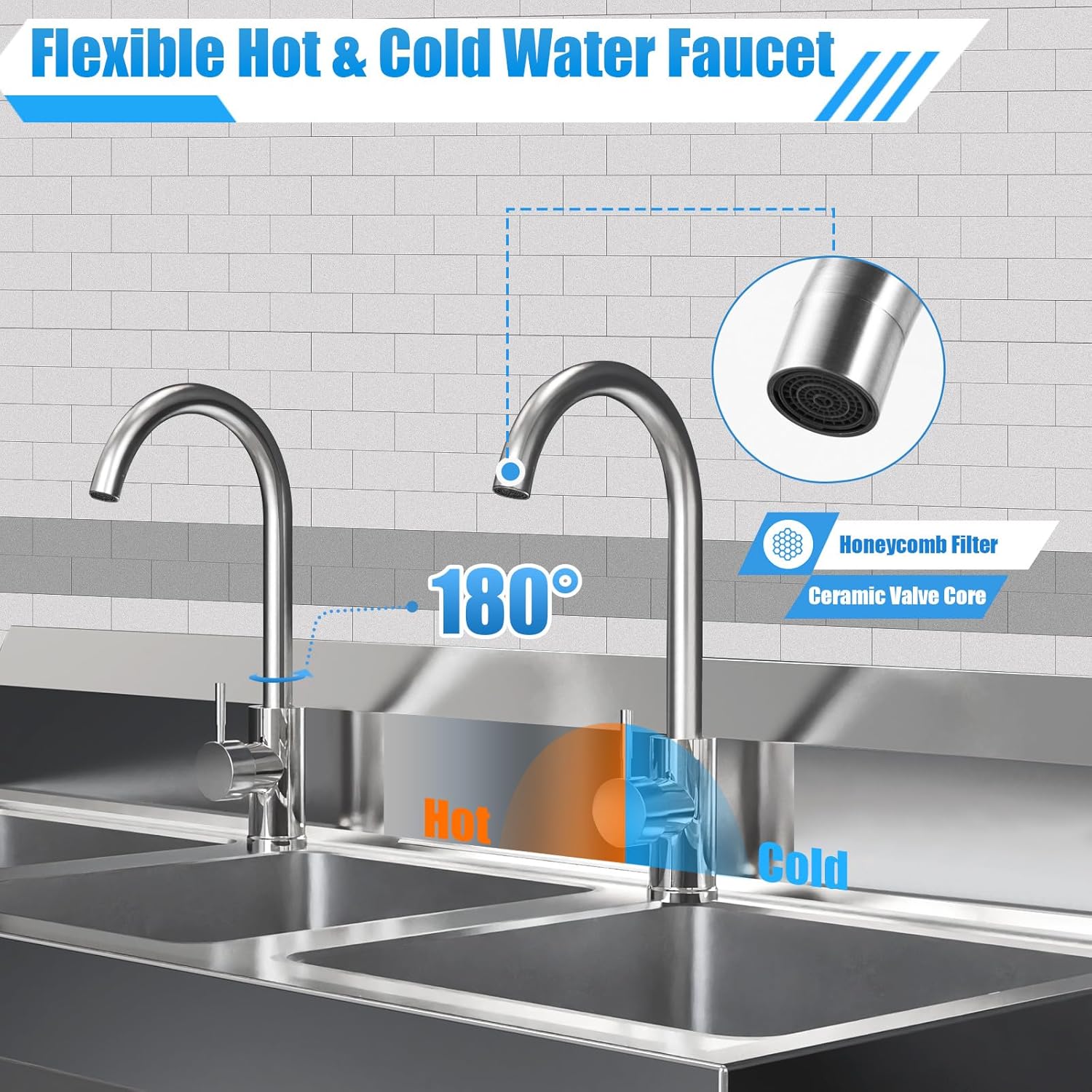 3 Compartment Sink, Stainless Steel Utility Sink Commercial Sinks Freestanding Triple Bowl Sinks W/ 2 Faucets for Kitchen, Bar, Restaurant, Laundry, Garage, 39' L x 18' W x 35.8' H