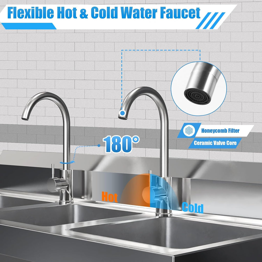 3 Compartment Sink 304 Stainless Steel Kitchen Sinks Freestanding Utility Sink with 2 Hot & Cold Faucet Commercial Triple Bowl Sink for Bar, Restaurant 39 x 18 x 35.8inch Large Space Prep Sink