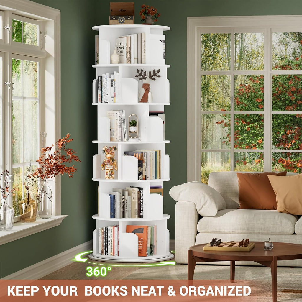 Besiost Rotating Bookshelf Tower, 6 Tier Spinning Bookcase, Revolving 360 Book Shelf Narrow Tall Bookcase, Vertical Turning Round Bookshelf Organizer, Wood Corner Bookshelf for Small Space, White