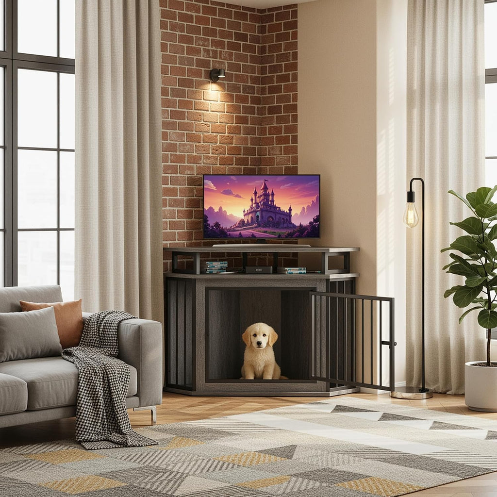 IRONCK 43.3' Corner Dog Crate with 2-Tier Shelves, Wooden Dog Kennel Furniture for TV Stand, Dog Cage Indoor for Small and Medium Dogs, Gray (23.6' L x 43.3' W x 32' H)