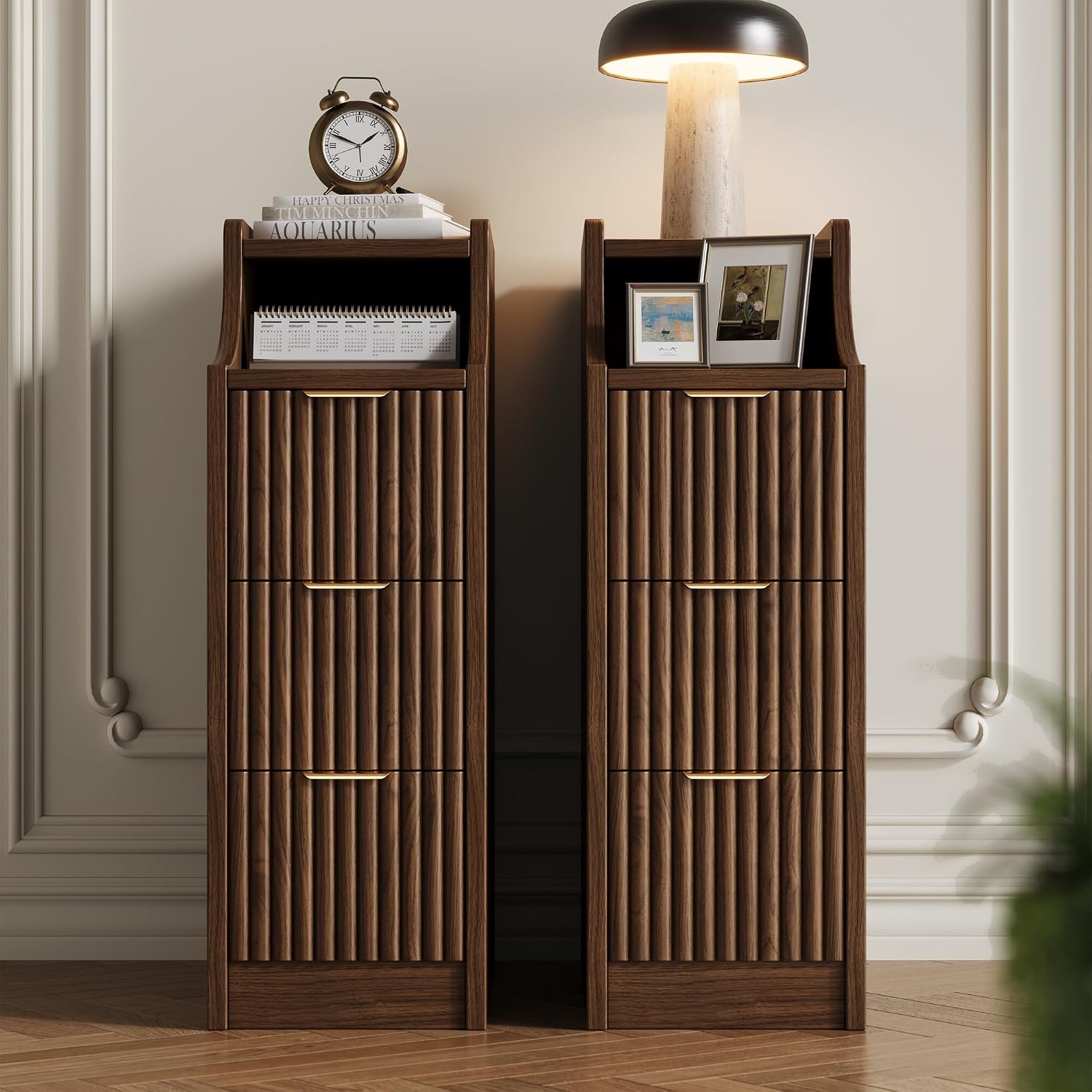 7.9' W Narrow Fluted Nightstand Set of 2,Slim Side End Table with 3 Drawers,Modern Bedside Table,Skinny Night Stand for Bedroom, Livingroom,Small Space