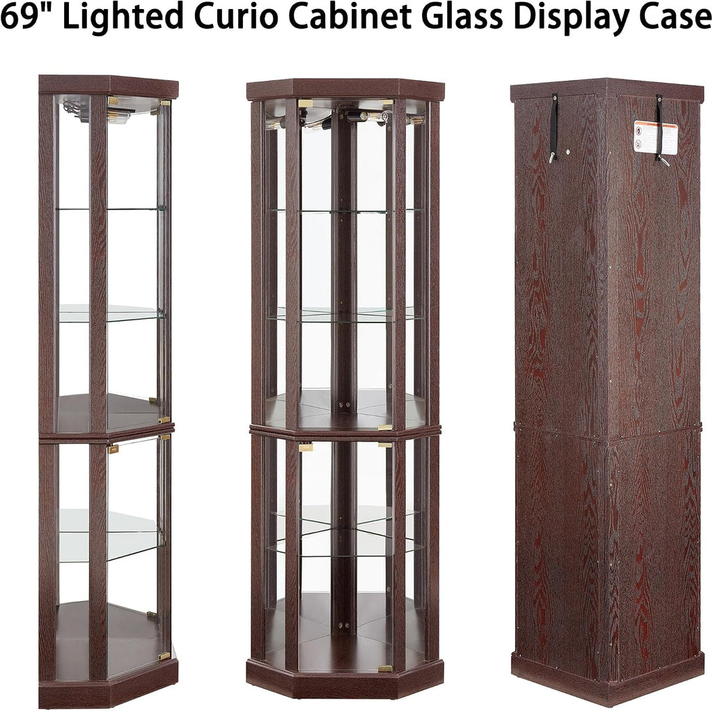 69' H Lighted Corner Display Cabinet, Curio Corner Glass Cabinet w/Adjustable Shelves & Glass Door, 5-Tier Wooden Storage Display Case w/Mirrored Back Pane for Living Room