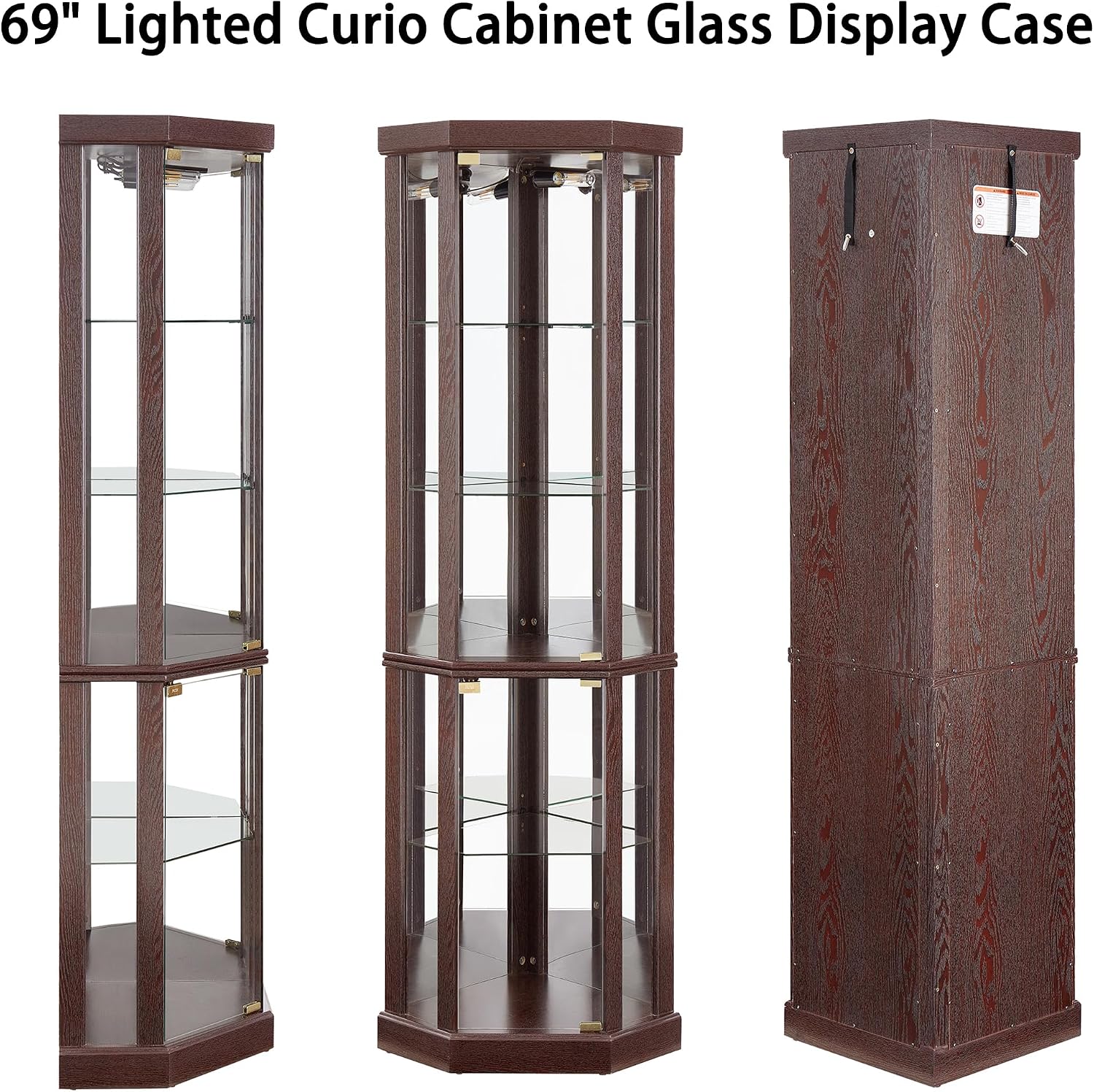69' H Lighted Corner Display Cabinet, Curio Corner Glass Cabinet w/Adjustable Shelves & Glass Door, 5-Tier Wooden Storage Display Case w/Mirrored Back Pane for Living Room
