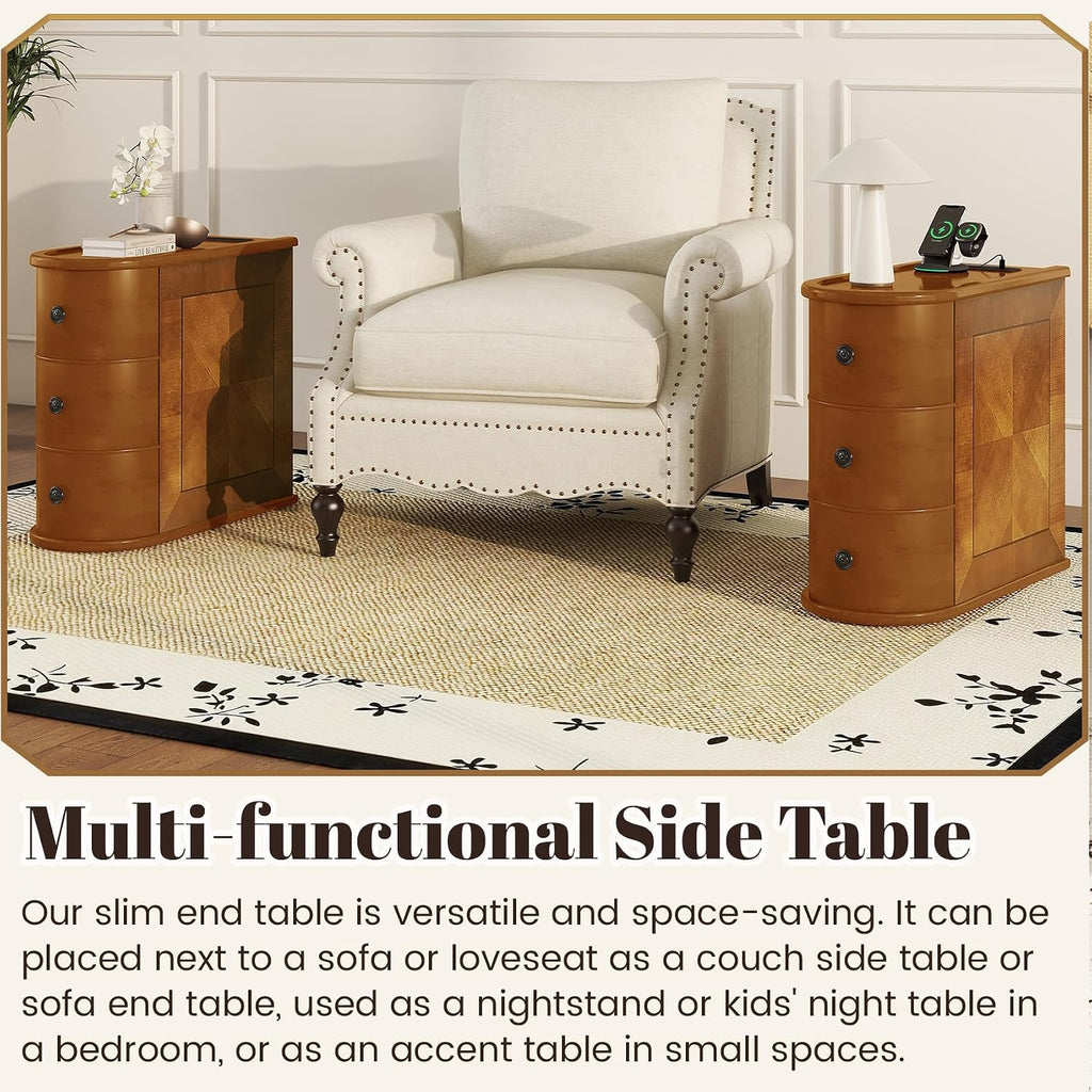 Wood Narrow End Table with Charging Station, 3-Drawer Tall Side Table Slim Sofa Chair Couch Accent Tables for Small Spaces,Living Room, Bedroom, Fully Assembled, Brown