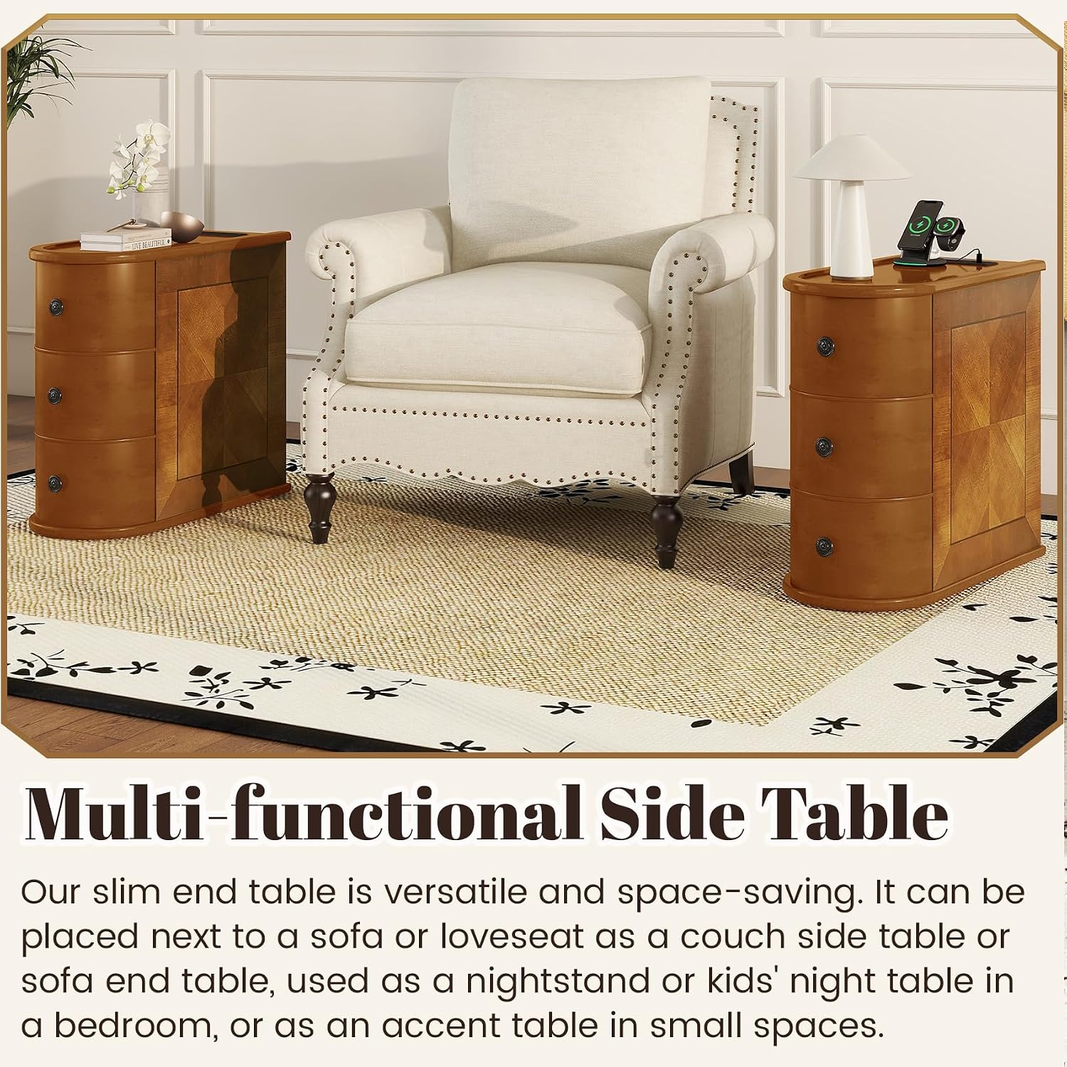 Wood Narrow End Table with Charging Station, 3-Drawer Tall Side Table Slim Sofa Chair Couch Accent Tables for Small Spaces,Living Room, Bedroom, Fully Assembled, Brown