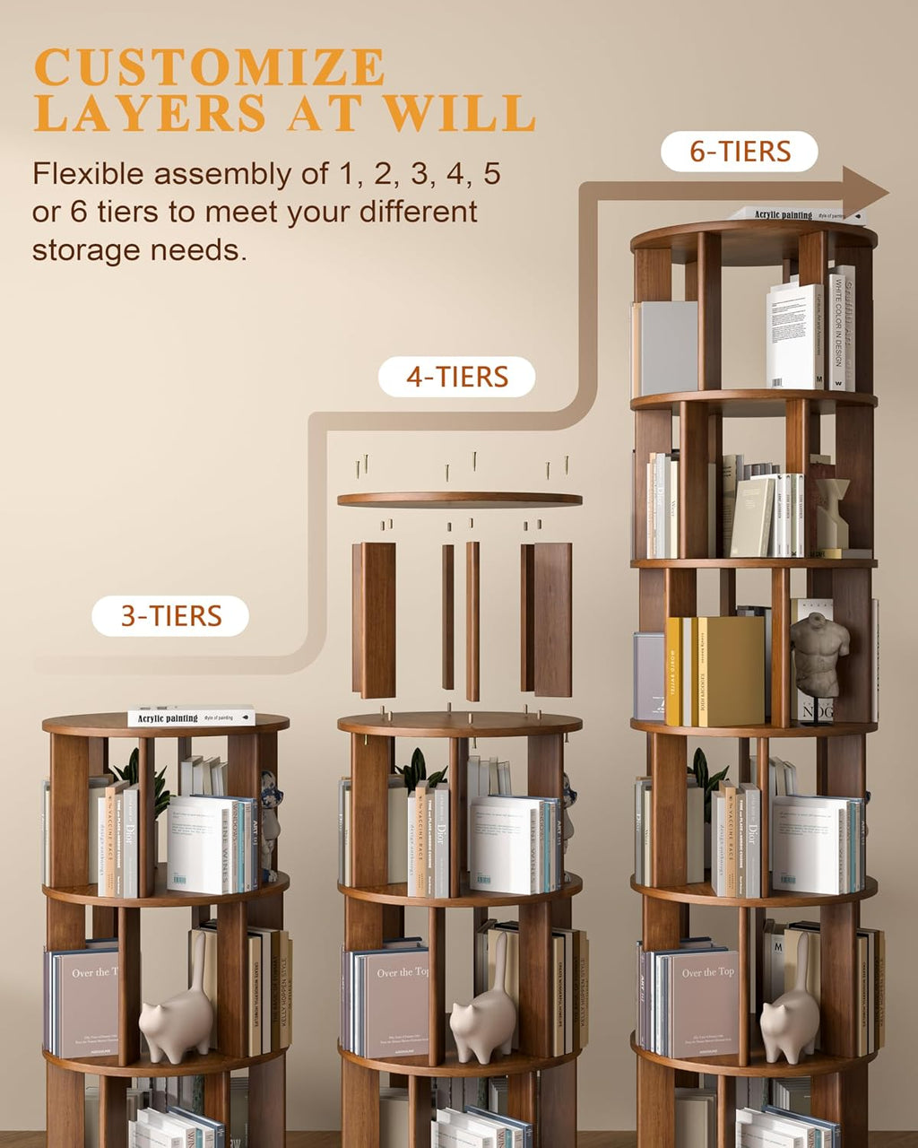 4-Tier Solid Wood Rotating Bookshelf on Wheels, 360° Spinning Book Shelf Tower, Round Revolving Bookcase Organizer, Rolling Bookshelves for Small Spaces, Corner, Bedroom, Kids Room, Office, Walnut
