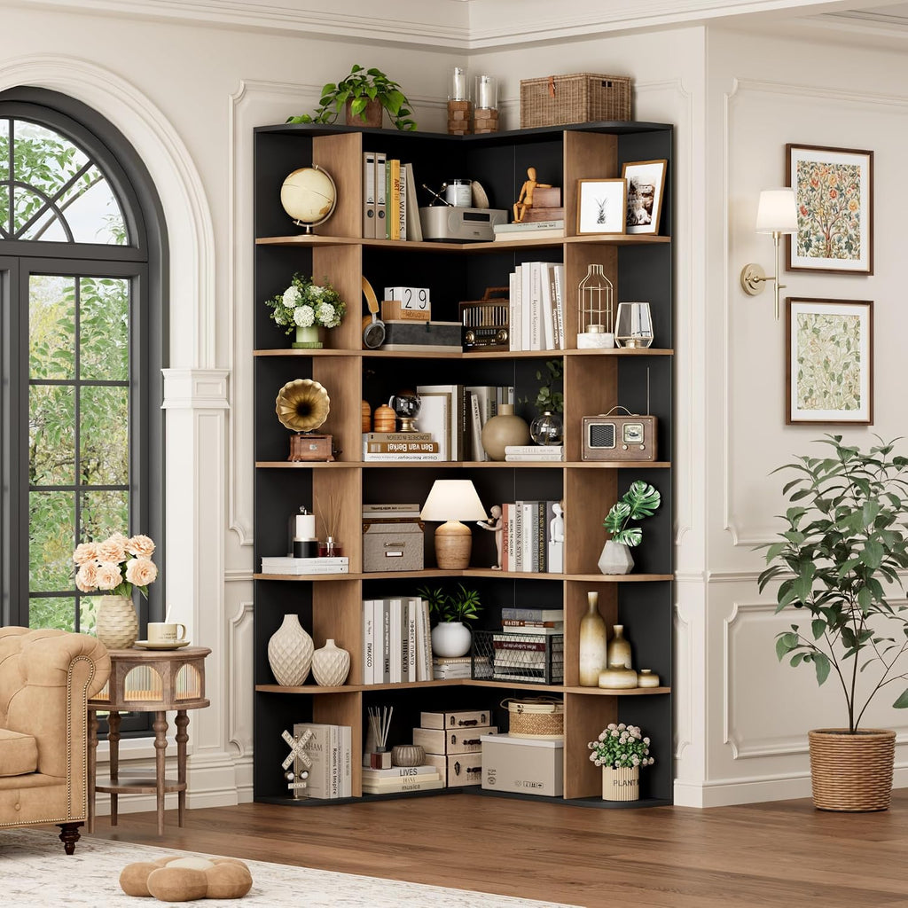 FOTOSOK 72' Tall Corner Bookshelf, 6-Tier Bookshelf and Bookcase with Open Storage, Tall Bookcases Wooden Storage Shelves for Home Office, Thickened Boards for Better Load Bearing, Black/Brown