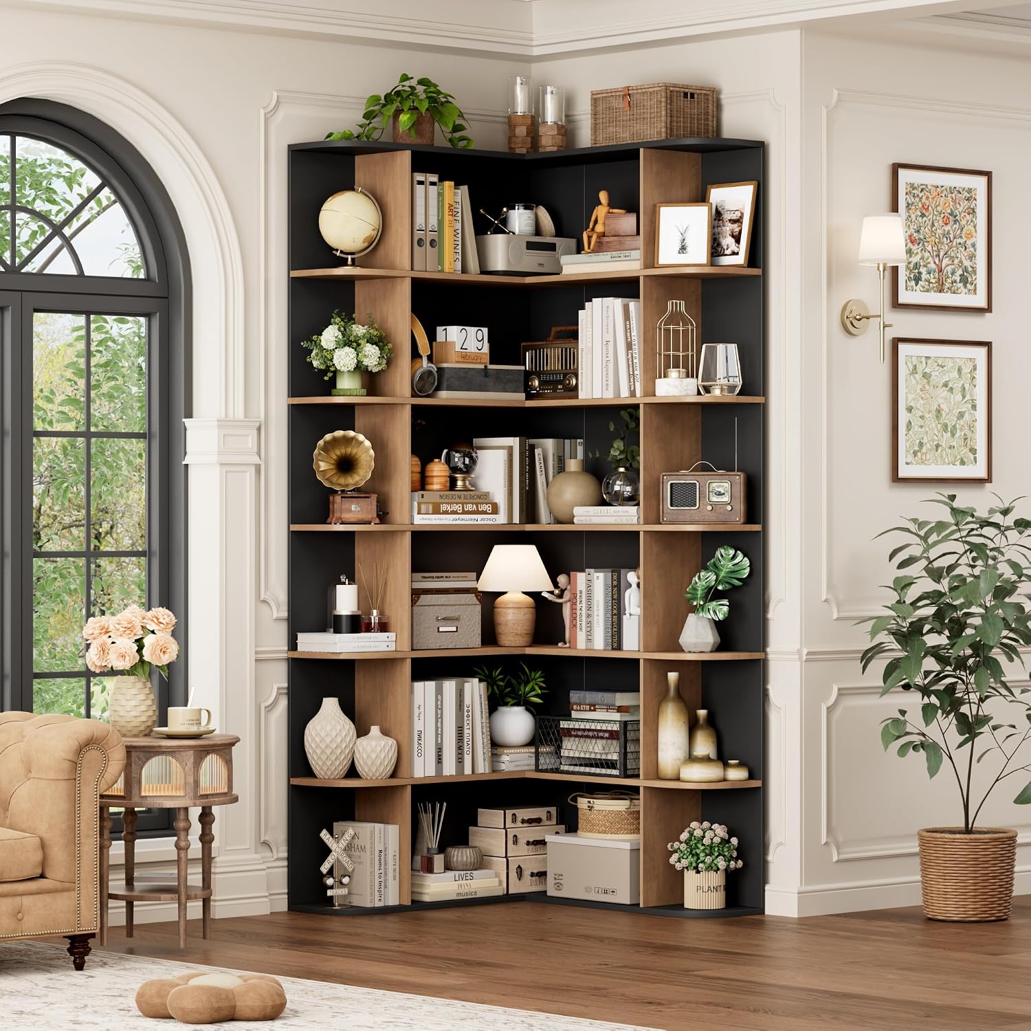FOTOSOK 72' Tall Corner Bookshelf, 6-Tier Bookshelf and Bookcase with Open Storage, Tall Bookcases Wooden Storage Shelves for Home Office, Thickened Boards for Better Load Bearing, Black/Brown