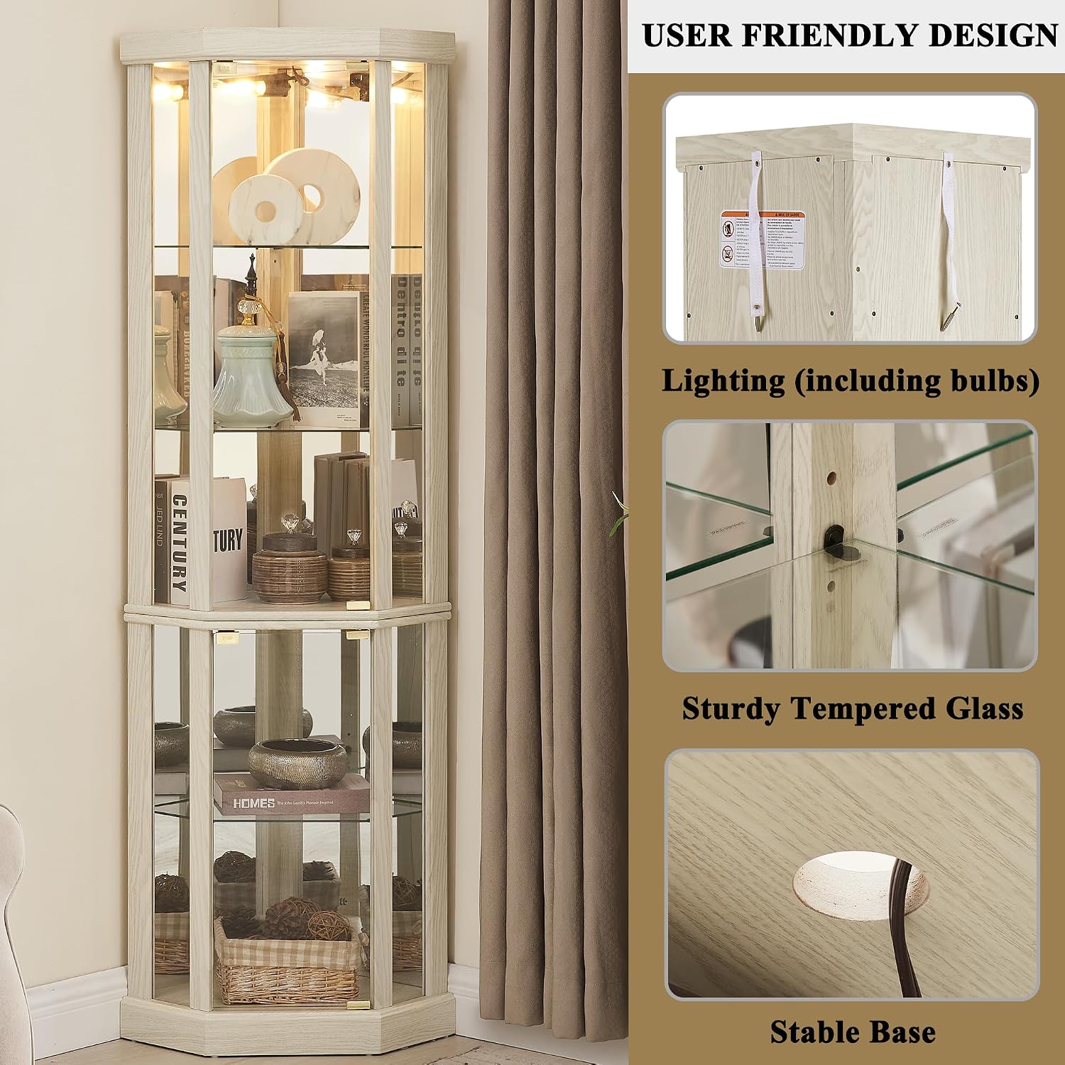 69' H Lighted Corner Display Cabinet, Curio Corner Glass Cabinet w/Adjustable Shelves & Glass Door, 5-Tier Wooden Storage Display Case w/Mirrored Back Pane for Living Room (Antique White)