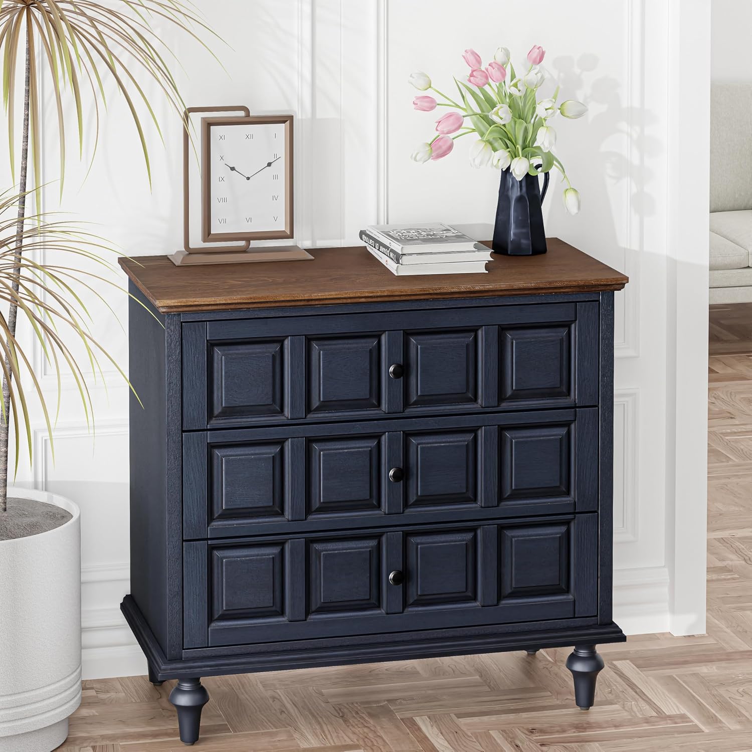 Aoikax Retro 3 Drawer Dresser with Plaid Pattern Front, Rustic Nightstand with Storage Chest for Bedroom, Living Room, Pine Wood, Aluminum Handle, Natural Wood, Dark Blue