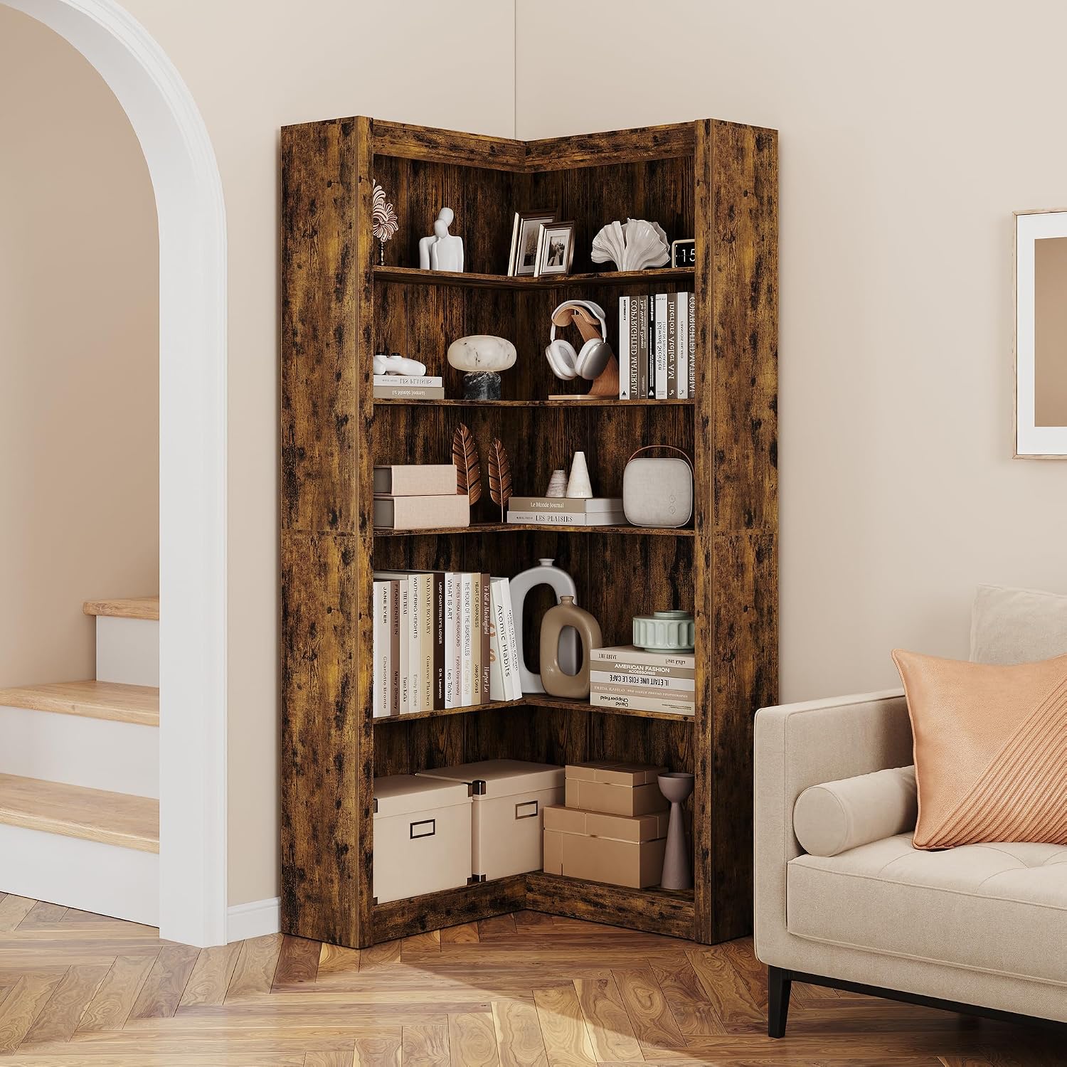 GarveeHome Corner Bookshelf, 71.8 in Farmhouse Corner Bookcase, L-Shaped Bookshelf Large Bookcase, 5 Tier Display Shelf Heavy Duty Bookcases, Bookshelves with Storage