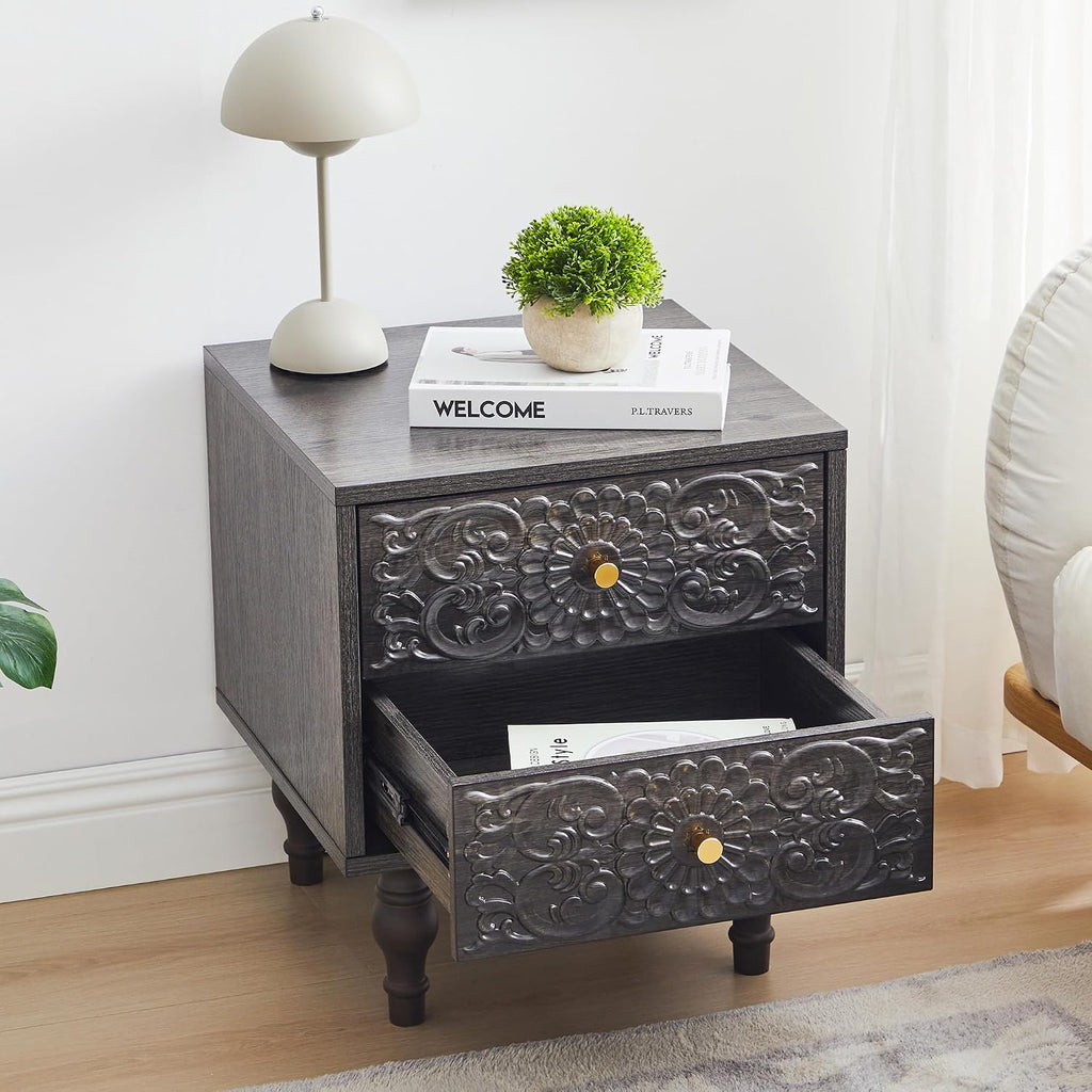 Nightstand, Farmhouse Bedside Table with 2 Drawers and Metal Handles, Wood Sofa Side End Table Accent Dresser for Bedroom, Living Room (Black Brown-2 Packs) (15.75 x 16.02 x 18.15 Inch)