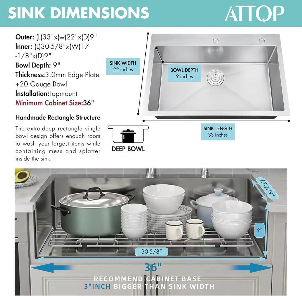 ATTOP 33 Inch Large Single Bowl Drop in Kitchen Sink,Nano Coating Stainless Steel Handmade Single Bowl Topmount Kitchen Sink
