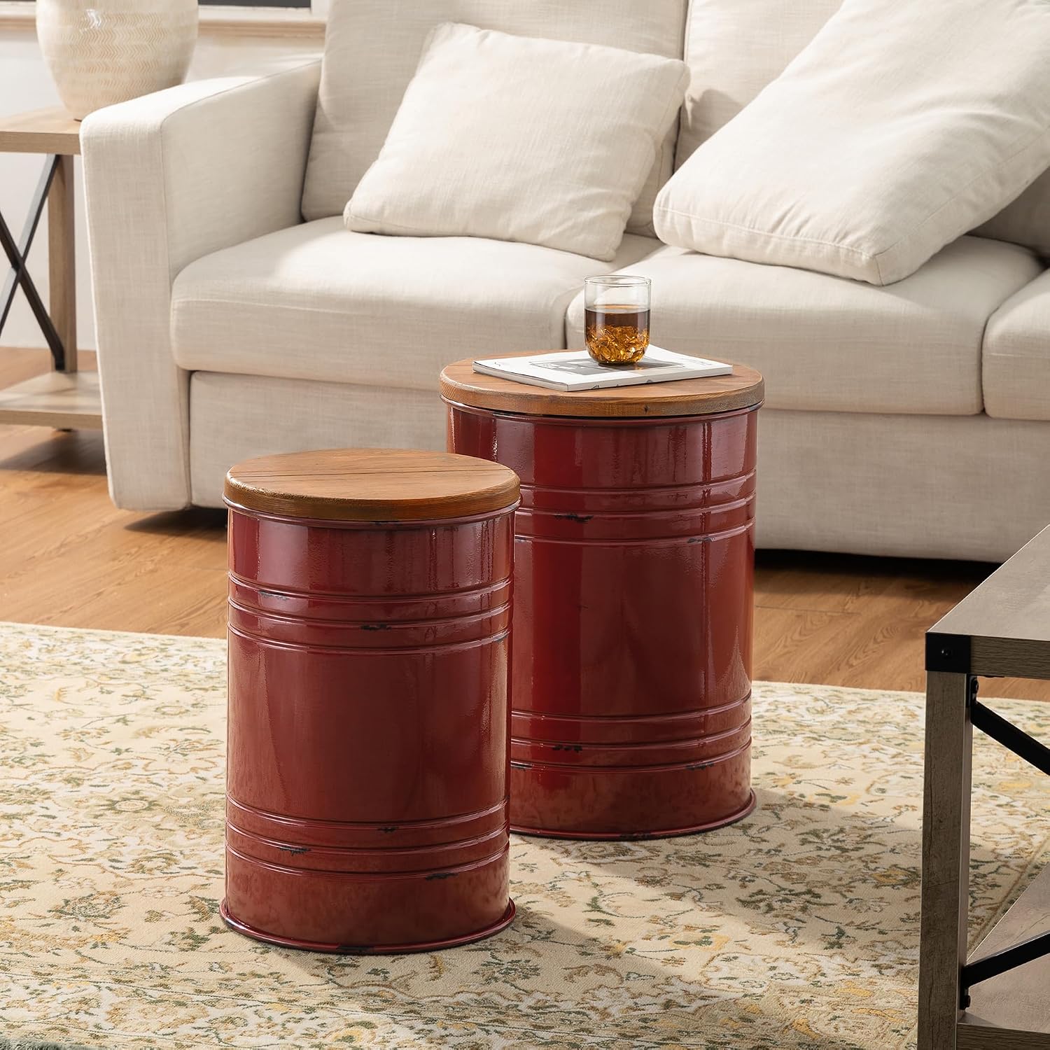 Glitzhome 4-Piece Galvanized Side Table Set, Metal Farmhouse Barrel Toy Box Bins with Round Wood Lid, Rustic Ottoman Seat Stool with Large Storage Space, for Living Room, Bedroom,Red