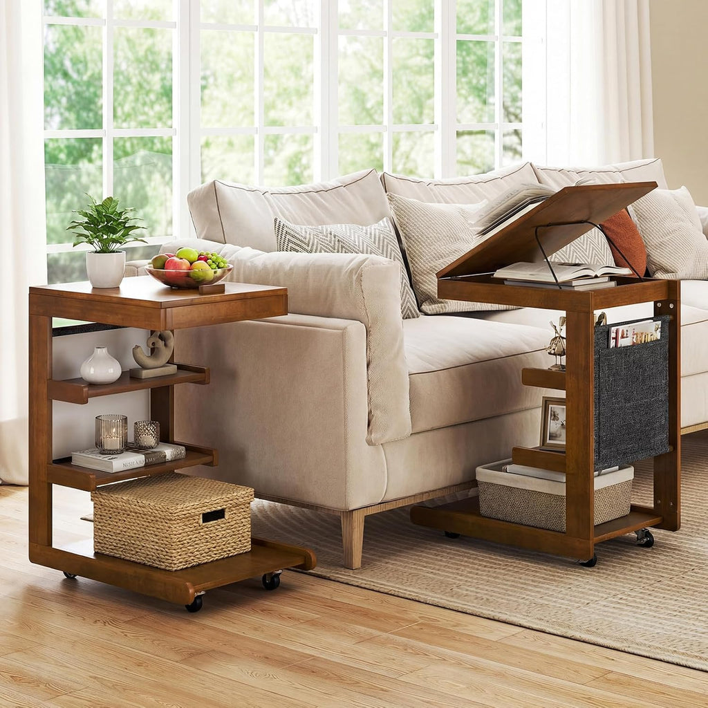 Giantex C-Shaped End Table with Wheels, Set of 2 Wood Rolling Side Table w/Adjustable Desktop, Edge Stopper, Side Pocket & 3 Storage Shelves, Sofa Couch Bedside TV Tray for Living Room Bedroom (Brown)