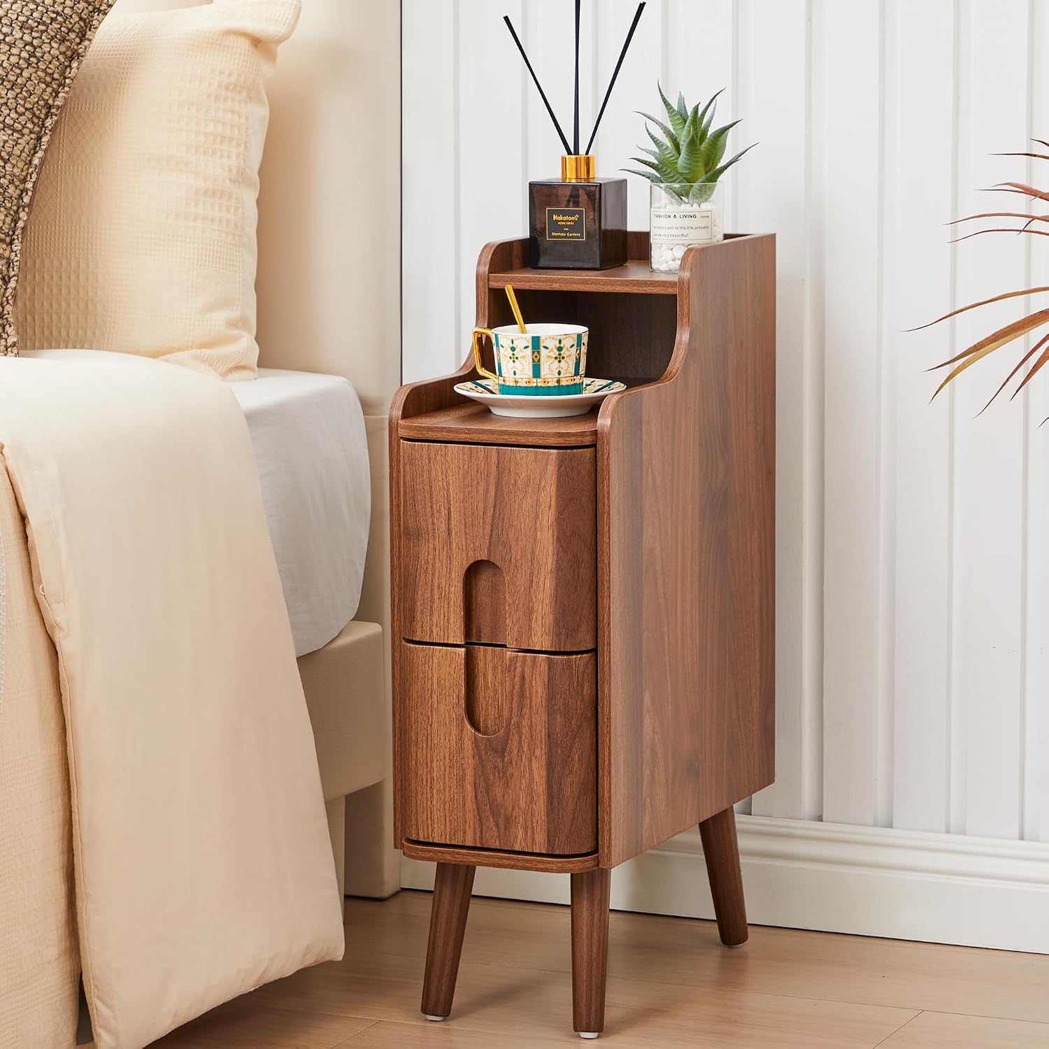 Narrow Nightstand Set of 2, Wood 2 Drawer Small Nightstand, Slim Side Table, Modern Skinny End Bedside Table, Natural Wood Night Stand with Drawers for Bedroom (Walnut-2 pcs)