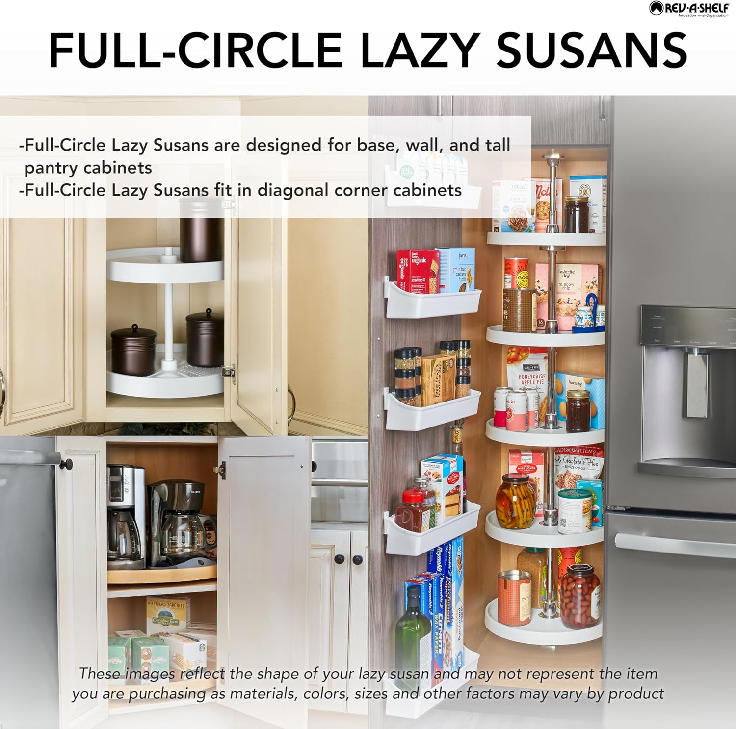 Rev-A-Shelf 20 Inch 3 Tier Full Circle Lazy Susan for H Corner Kitchen Cabinets, Large Plastic Home Storage Rotating Shelves, White, 6013-20-11-526