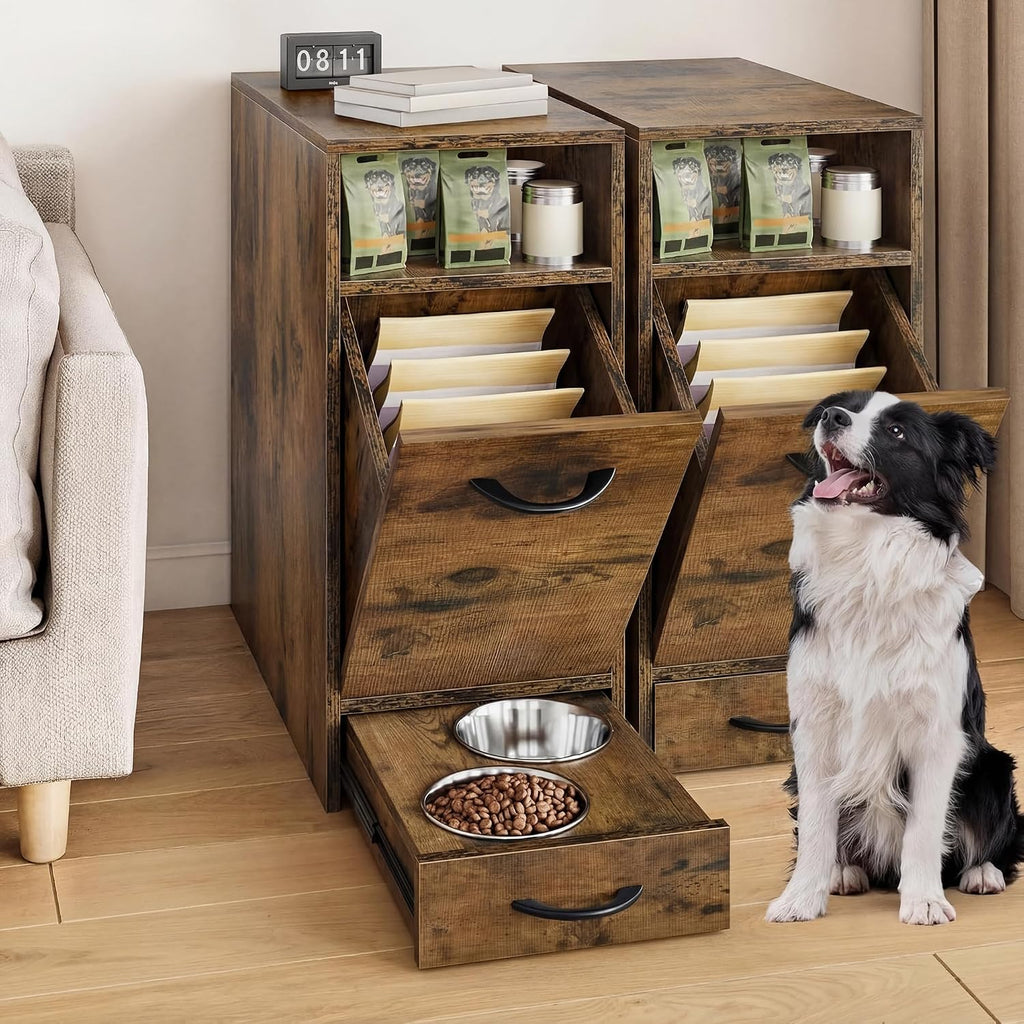 DWVO 30.6' Dog Feeding Station with Storage, Tilt-Out Dog Food Cabinet with 4 Feeder Bowls, Pull Out Elevated Dogs Bowl, Rustic Brown