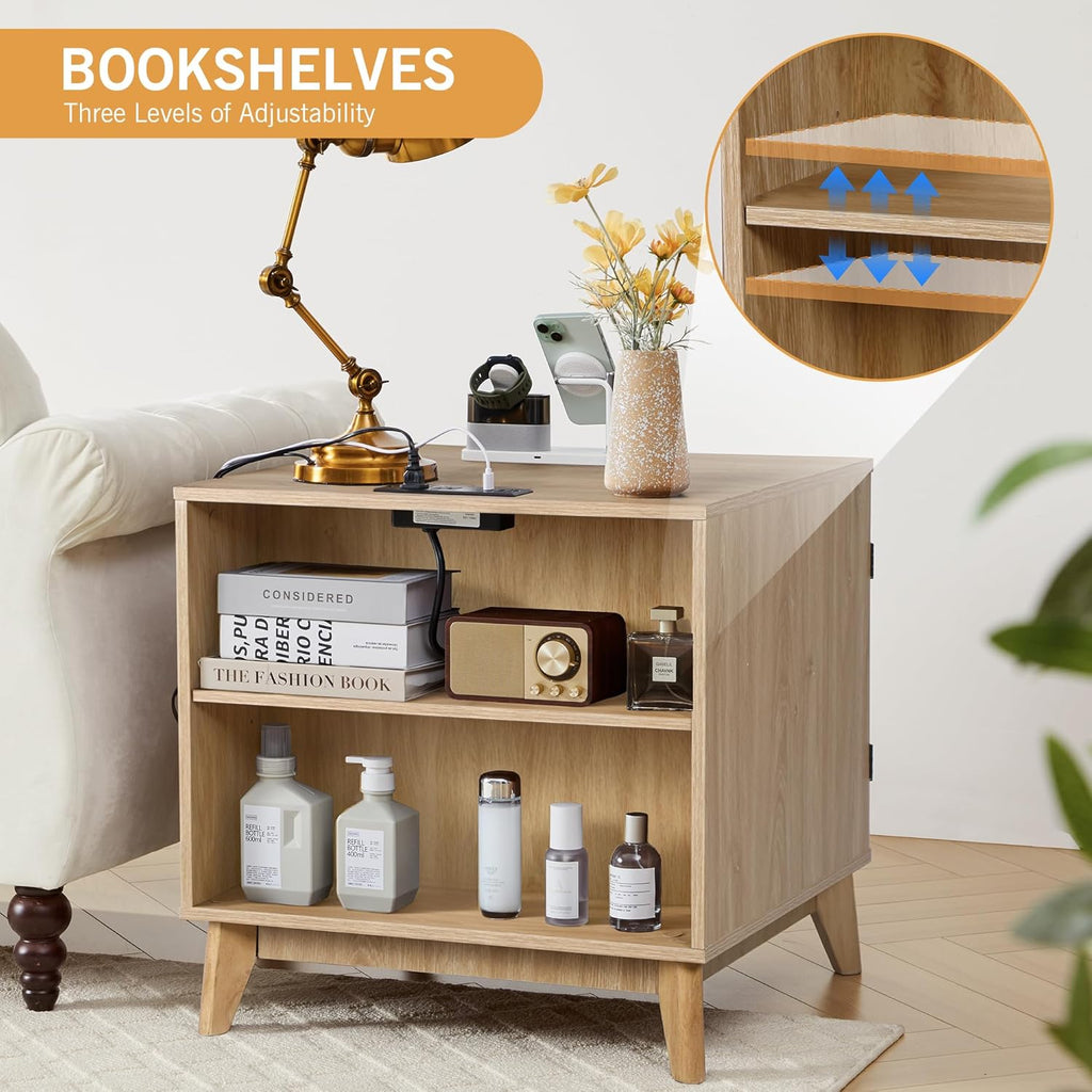 Fluted End Table with Charging Station, Mid Century Modern Nightstand with 2 Doors, Bed Side Table with Storage for Couch,Living Room,Small Spaces, Sofa Side Table for Office,Dorm-Natural