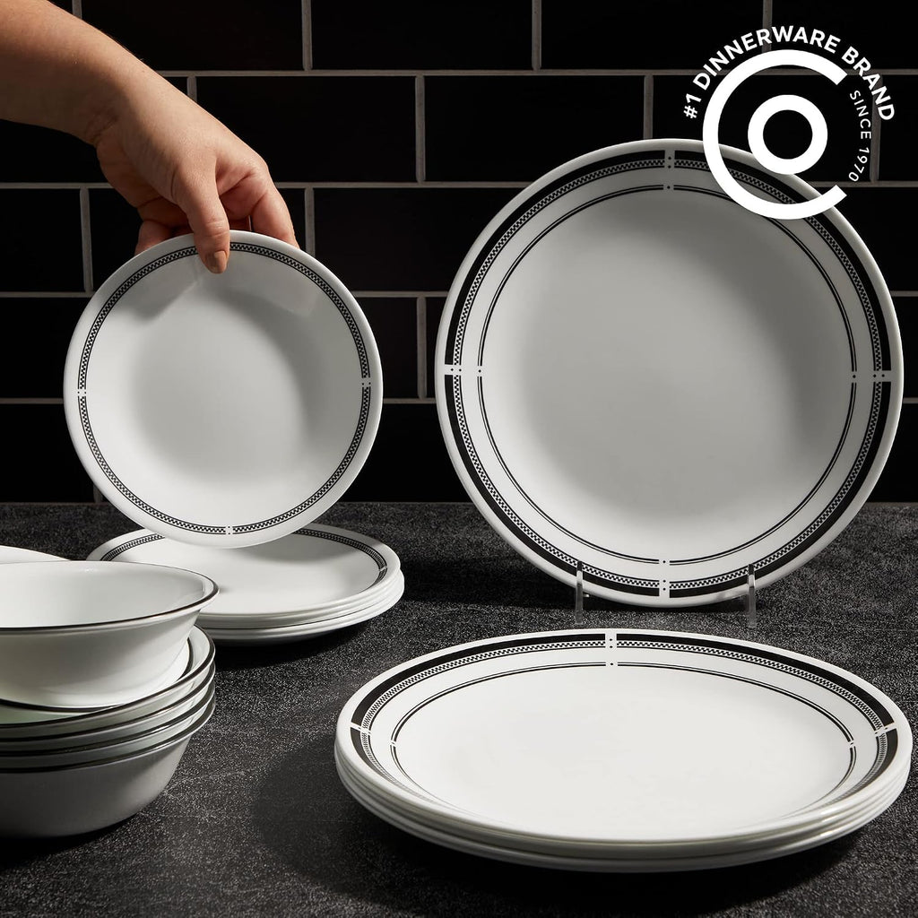 Corelle 18-Piece Dinnerware Set, Service for 6, Lightweight Plates and Bowls Set, Vitrelle Triple Layer Glass, Brasserie Collection, Lunch Plates Included