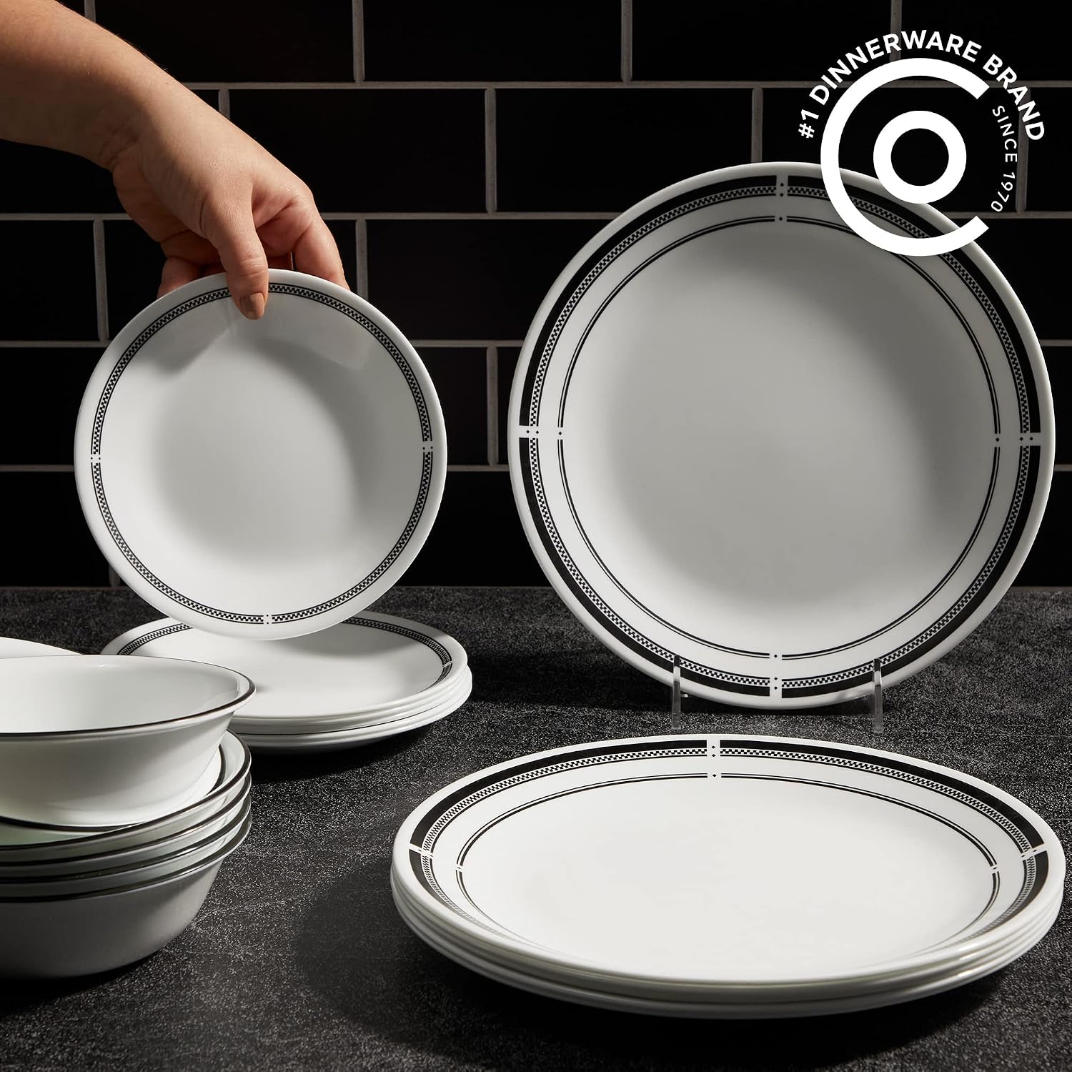 Corelle 18-Piece Dinnerware Set, Service for 6, Lightweight Plates and Bowls Set, Vitrelle Triple Layer Glass, Brasserie Collection, Lunch Plates Included