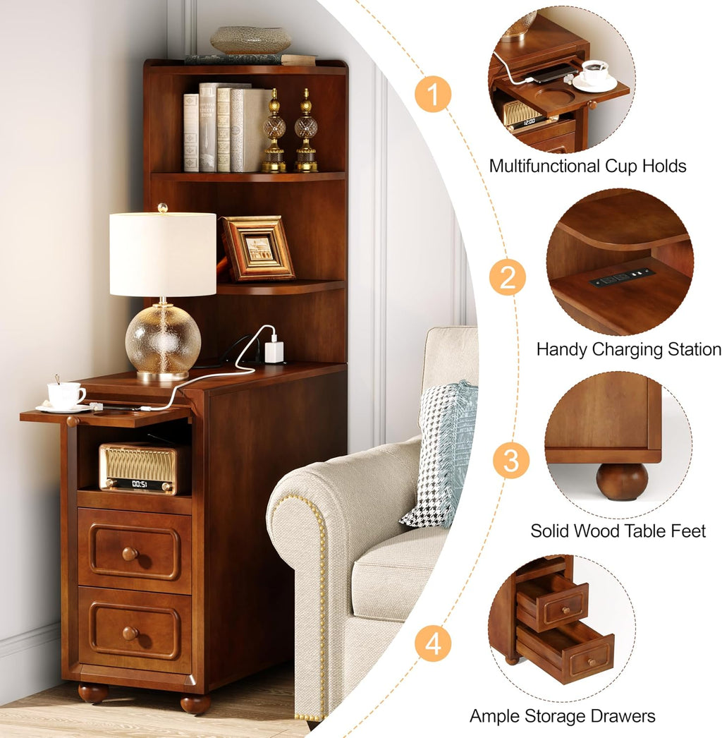 Solid Wood End Table with Charging Station and Reversible Corner Shelves, Tall Narrow Side Table with Drawers, USB Ports and Outlets for Living Room and Bedroom, Walnut