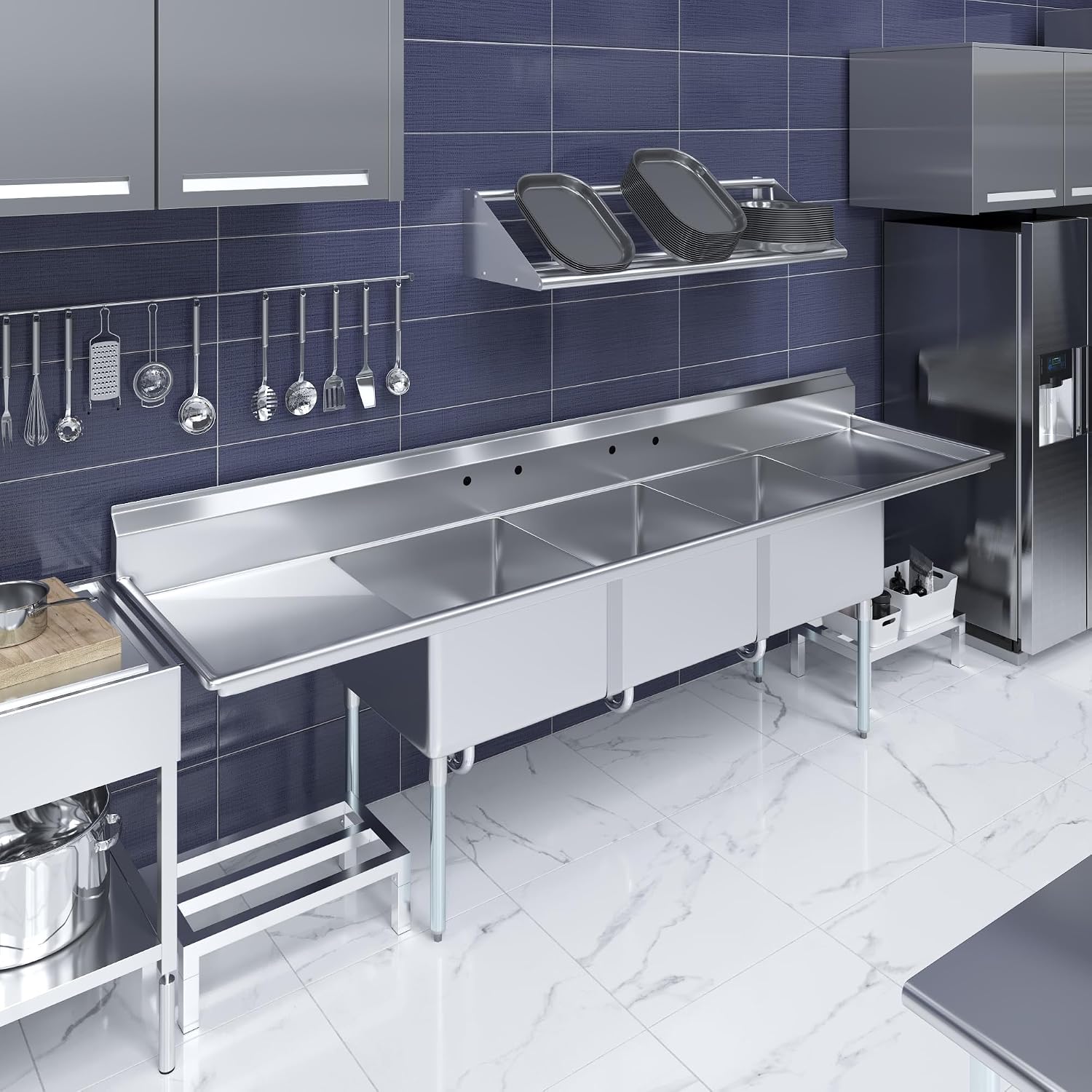 120 in. x 30 in. Stainless Steel Three Compartment Sink with 24 in. x 24 in. x 14 in. Bowls and Dual 24 in. Drainboards