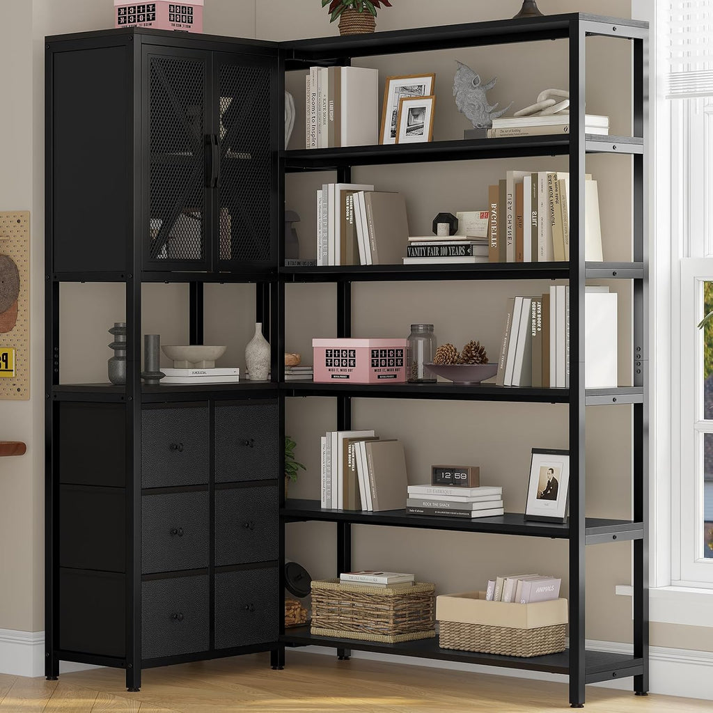 HAUOMS Corner Bookshelf, 6 Tier Industrial Convertible Bookshelf with 6 Fabric Drawers, Corner Bookcase Large L Shaped Storage Display Shelf for Home Office, Living Room, Kitchen, Black