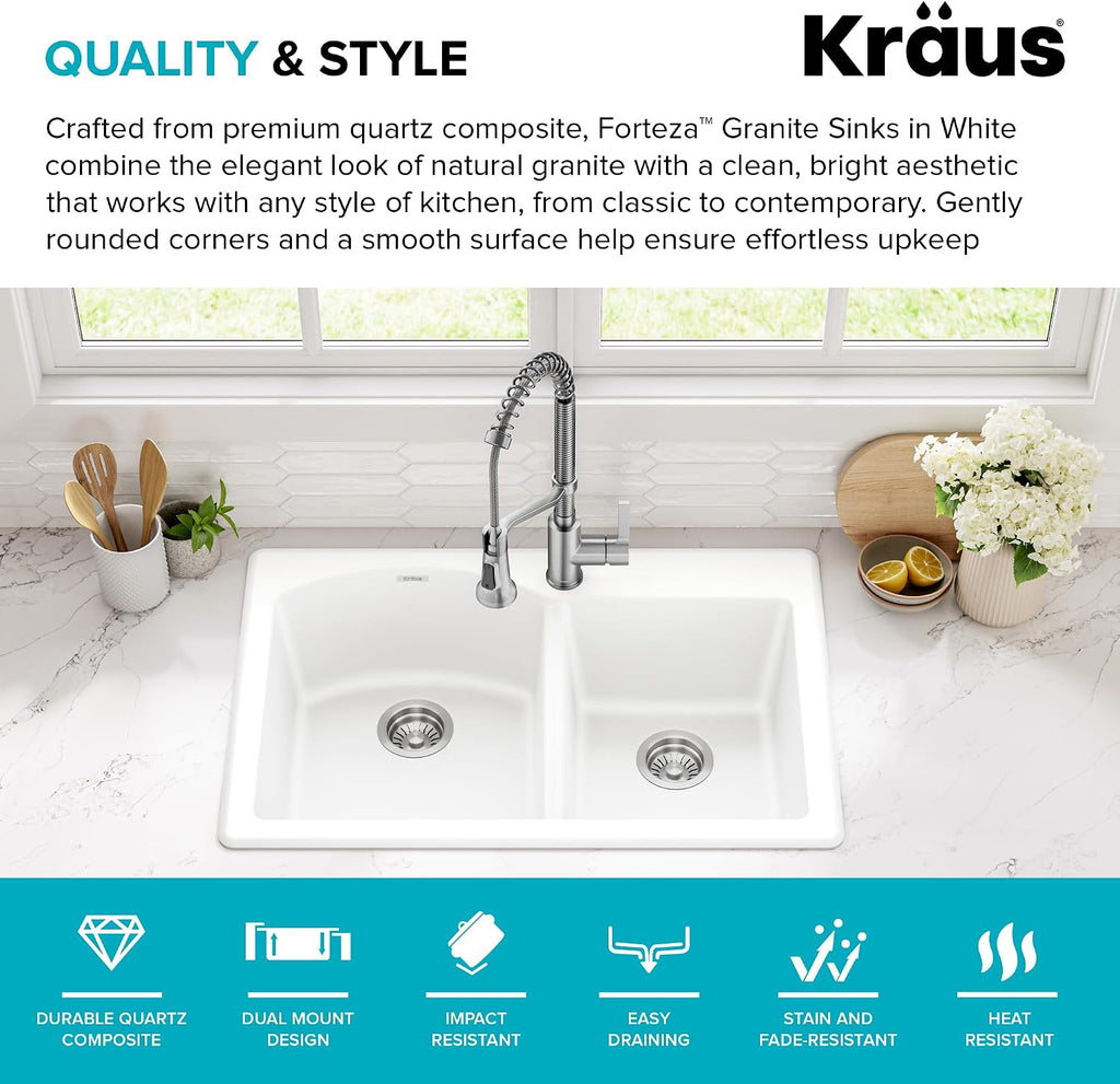 KRAUS Forteza 33-inch Granite Drop In/Undermount 60/40 Double Bowl White Kitchen Sink, KGD-50WHITE