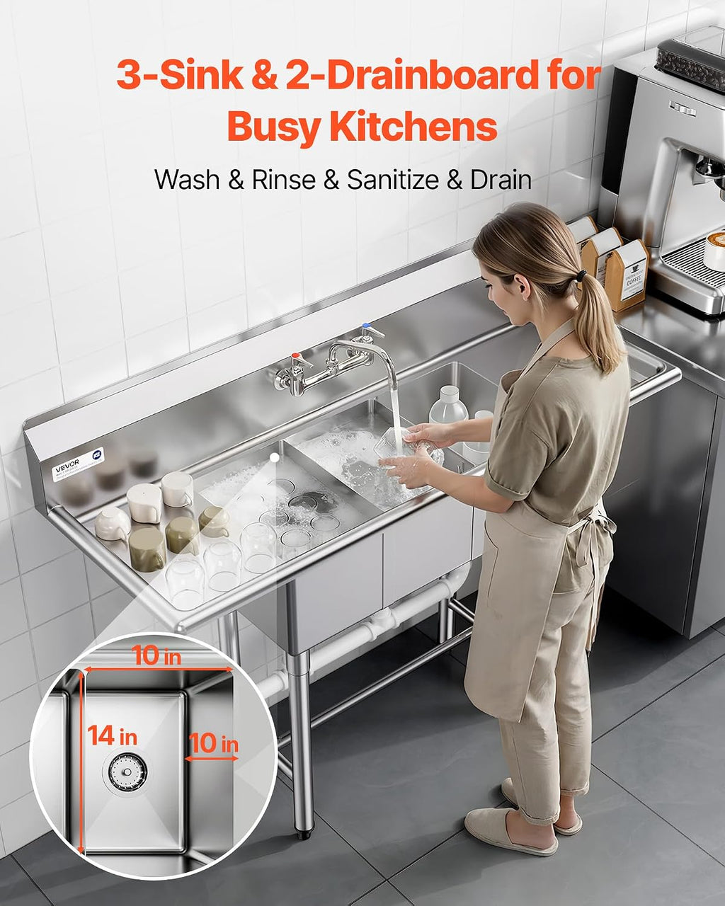VEVOR 3 Compartment Sink, 18-Gauge 304 Stainless Steel, 10' x 14' x 10' Bowl Size, 3 Bay Commercial Kitchen Prep & Utility Sink with 2 Drainboards and Backsplash for Restaurant, Food Truck & Home Use
