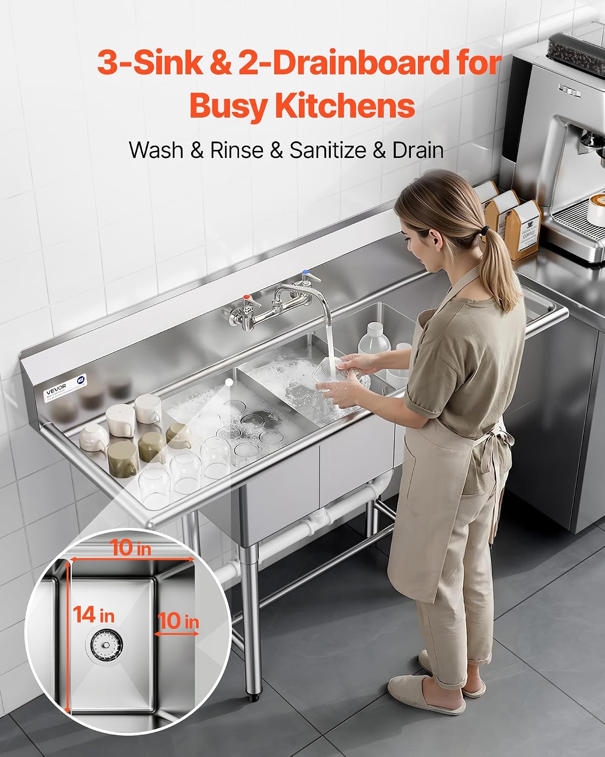 VEVOR 3 Compartment Sink, 18-Gauge 304 Stainless Steel, 10' x 14' x 10' Bowl Size, 3 Bay Commercial Kitchen Prep & Utility Sink with 2 Drainboards and Backsplash for Restaurant, Food Truck & Home Use