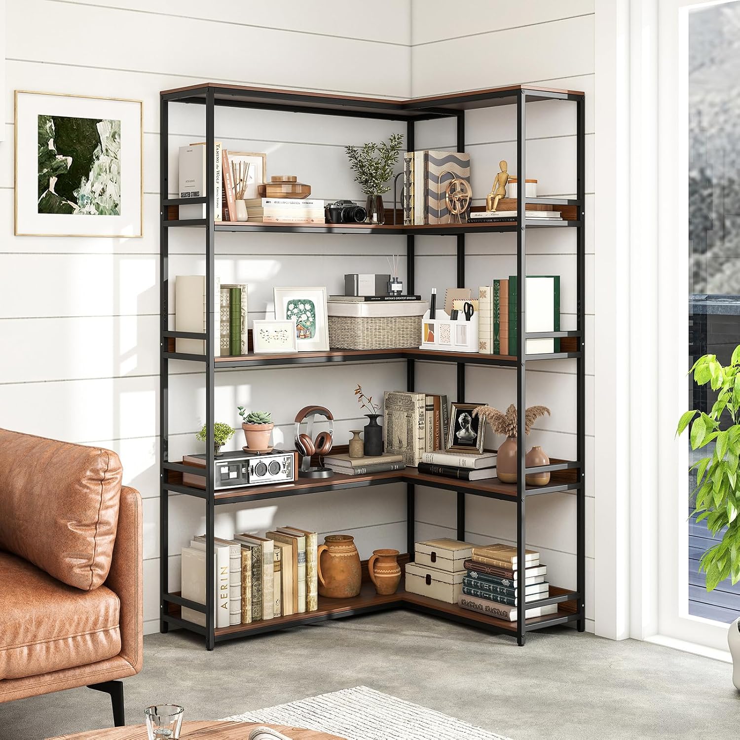 Tangkula Large Corner Bookshelf, 90 Degrees 5-Tier Industrial Wood Open Corner Bookcase for Small Spaces, Heavy-Duty Metal Frame, 71'H L-Shaped Storage Display Rack for Living Room (Walnut)