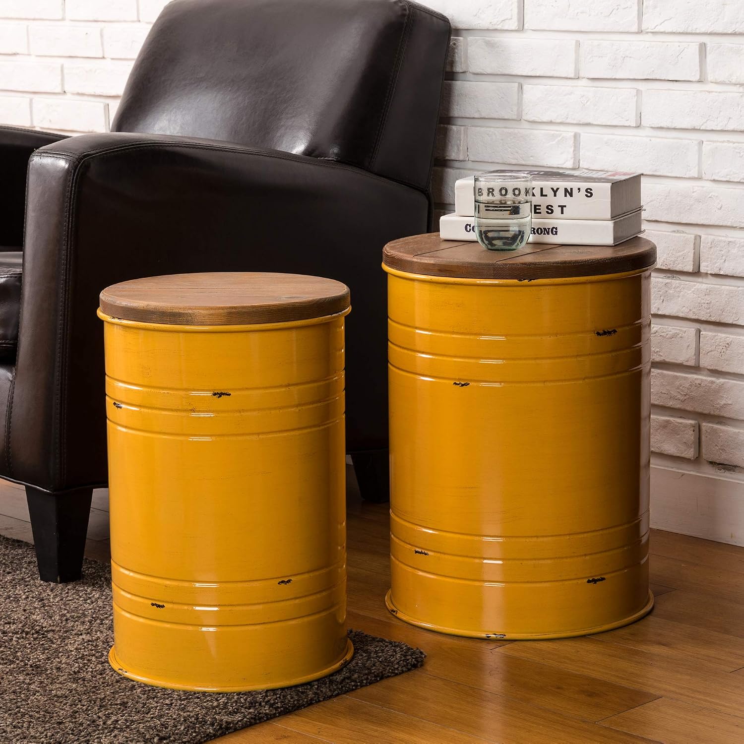 Glitzhome 4-Piece Galvanized Side Table Set, Metal Farmhouse Barrel Toy Box Bins with Round Wood Lid, Rustic Ottoman Seat Stool with Large Storage Space, for Living Room, Bedroom,Yellow