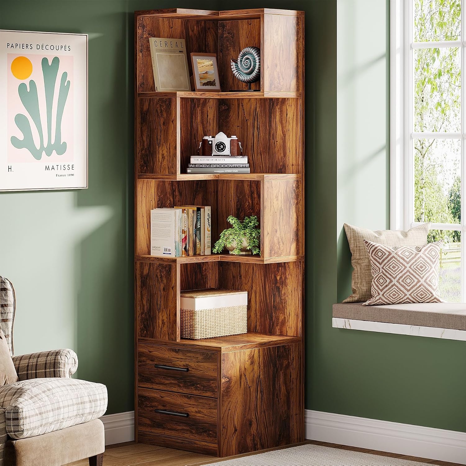 Tribesigns 5-Tier Corner Bookshelf with 2 Drawers, 66.9-Inch Tall Corner Bookcase Shelf, Mid-Century Modern Corner Storage Cabinet Display Rack Shelf for Living Room, Home Office (Rustic Brown)
