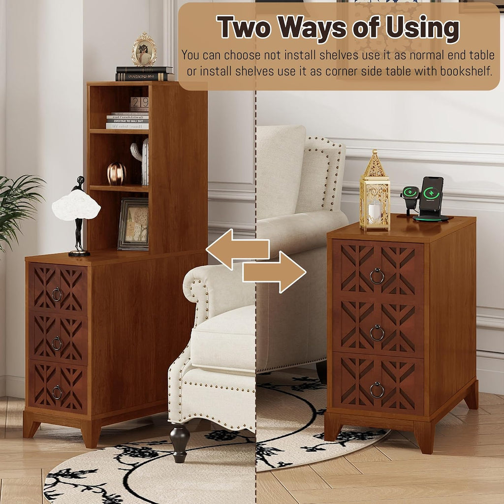 Wood Tall Nightstand with Charging Station, 47.2' Tall End Table with 3 Storage Drawers and 2 Open Shelves, Narrow Slim Sofa Side Table for Small Spaces, Living Room, Bedroom,Corner, Walnut