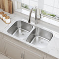 32 Inch Undermount Doube Bowl Kitchen Sink, 18 Gauge 304 Stainless Steel 50/50 Curved Shape Deep Kitchen Sinks, Strainer Included, 32' x 18' x 9'