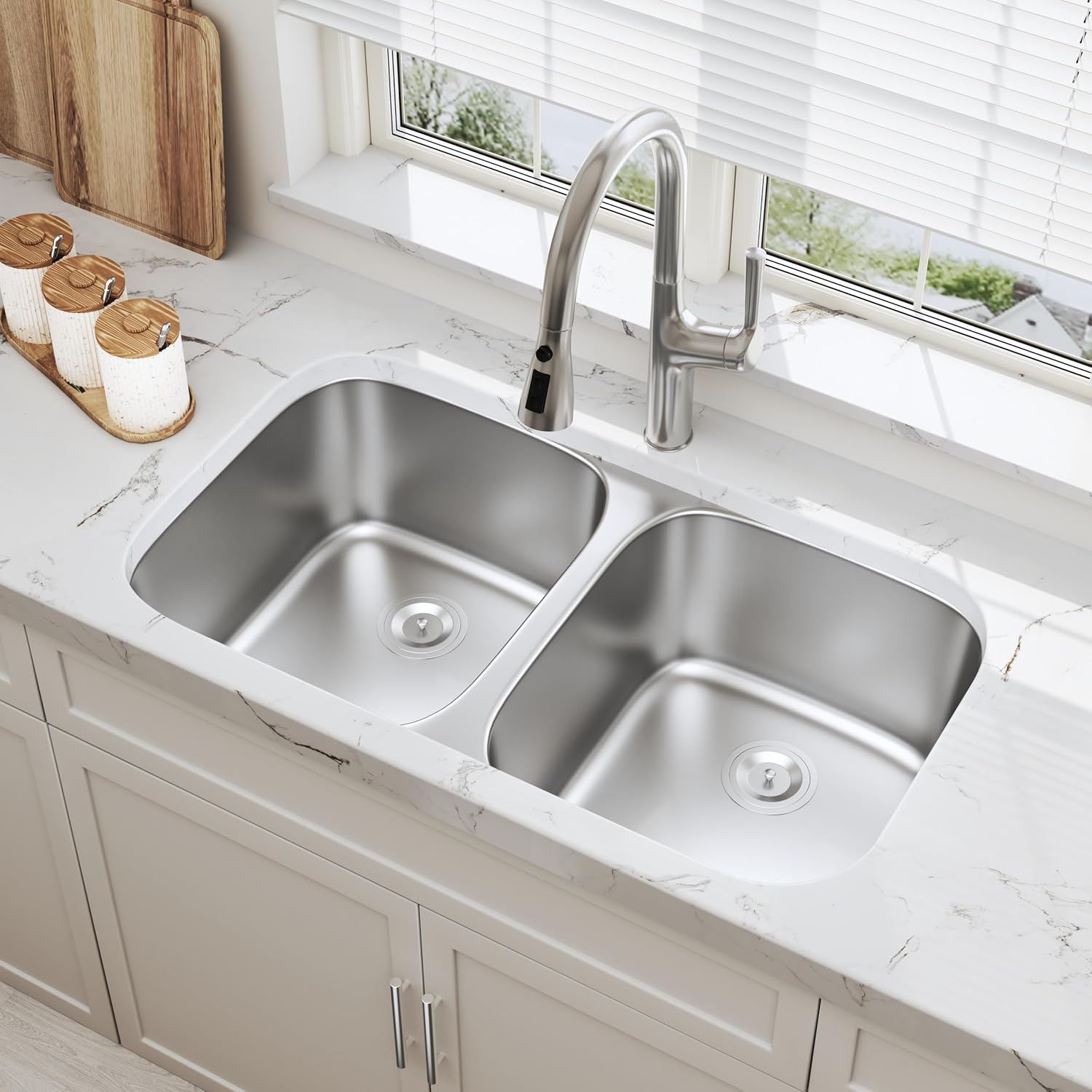 32 Inch Undermount Doube Bowl Kitchen Sink, 18 Gauge 304 Stainless Steel 50/50 Curved Shape Deep Kitchen Sinks, Strainer Included, 32' x 18' x 9'