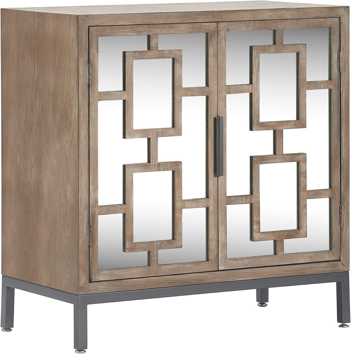 Tommy Hilfiger Hayworth Accent Storage Cabinet with Mirrored Doors, Contemporary Weathered Wood Console Table, Wood Overlay, Gray