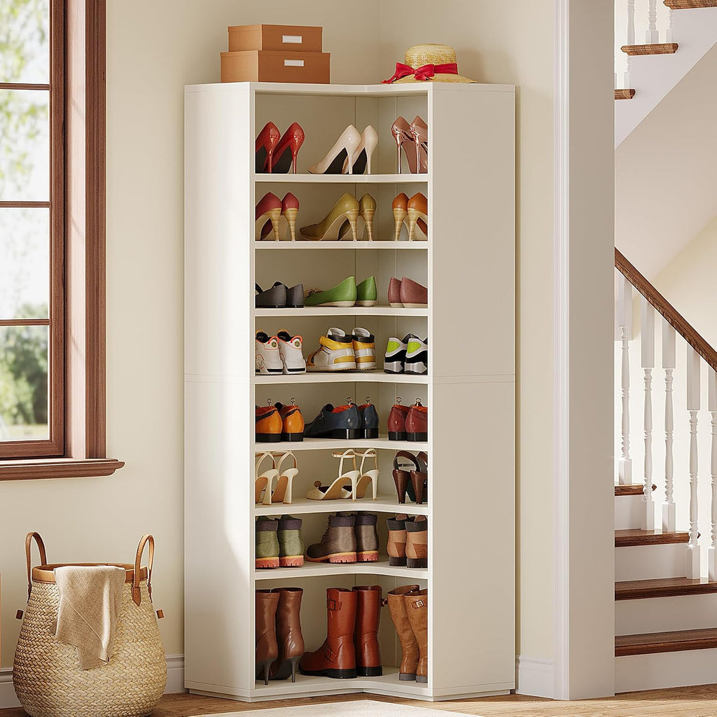 Tribesigns Corner Shoe Rack for Closet, 9-Tier Modern Corner Shelf Organizer, Large Wood Storage Shelf for Shoes, Holds up to 45 Pairs, White (1PC)